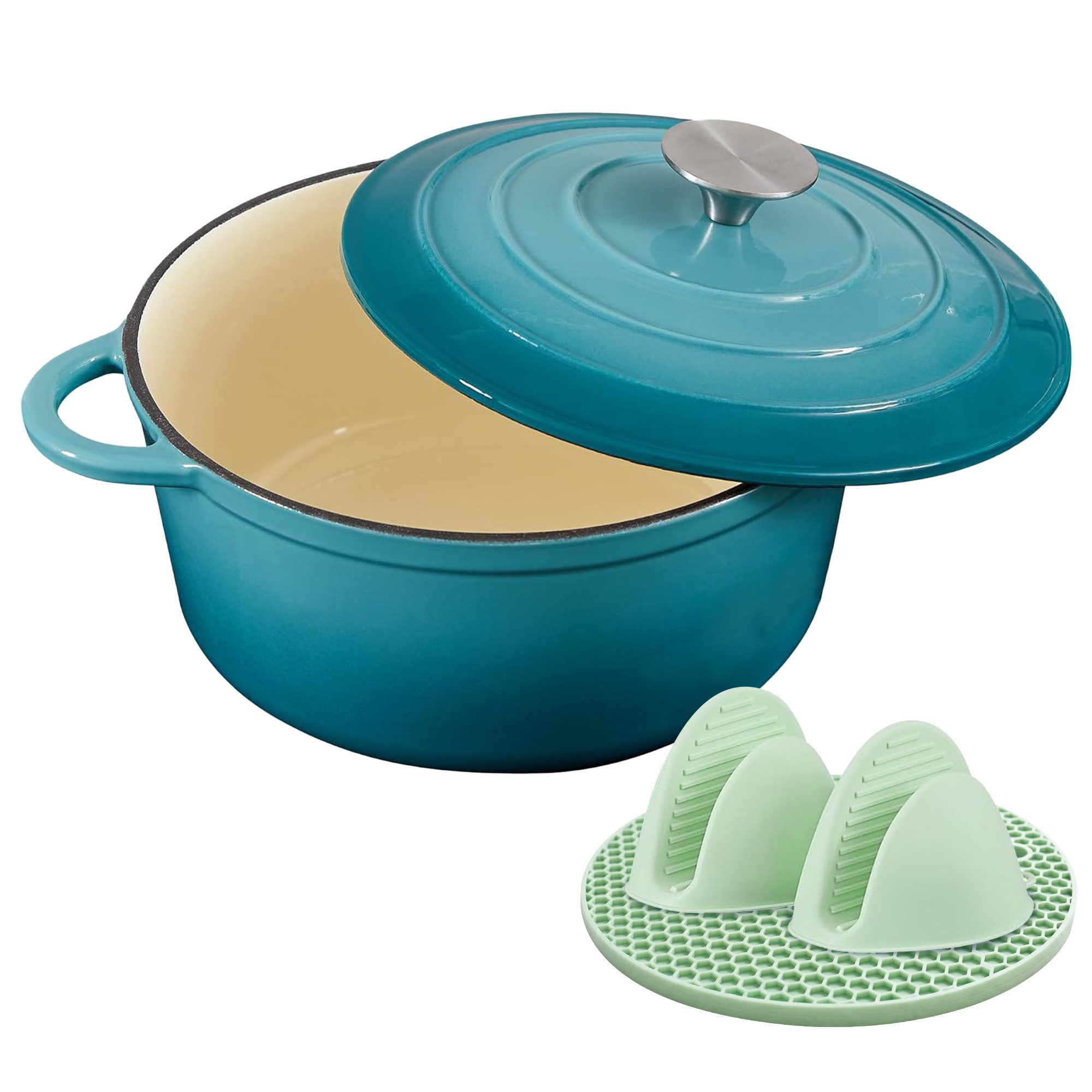 Zedelmaier Bräter Gusseisen Topf 22/24/26cm Incl. Silikon Topflappen Topfuntersetzer, (Set, 1 Pot mit 1 lid, 2 Ofenhandschuhe, 1 Topfuntersetzer), Backofengeeignet Induktionsgeeignet Zum Braten, Schmoren, Kochen