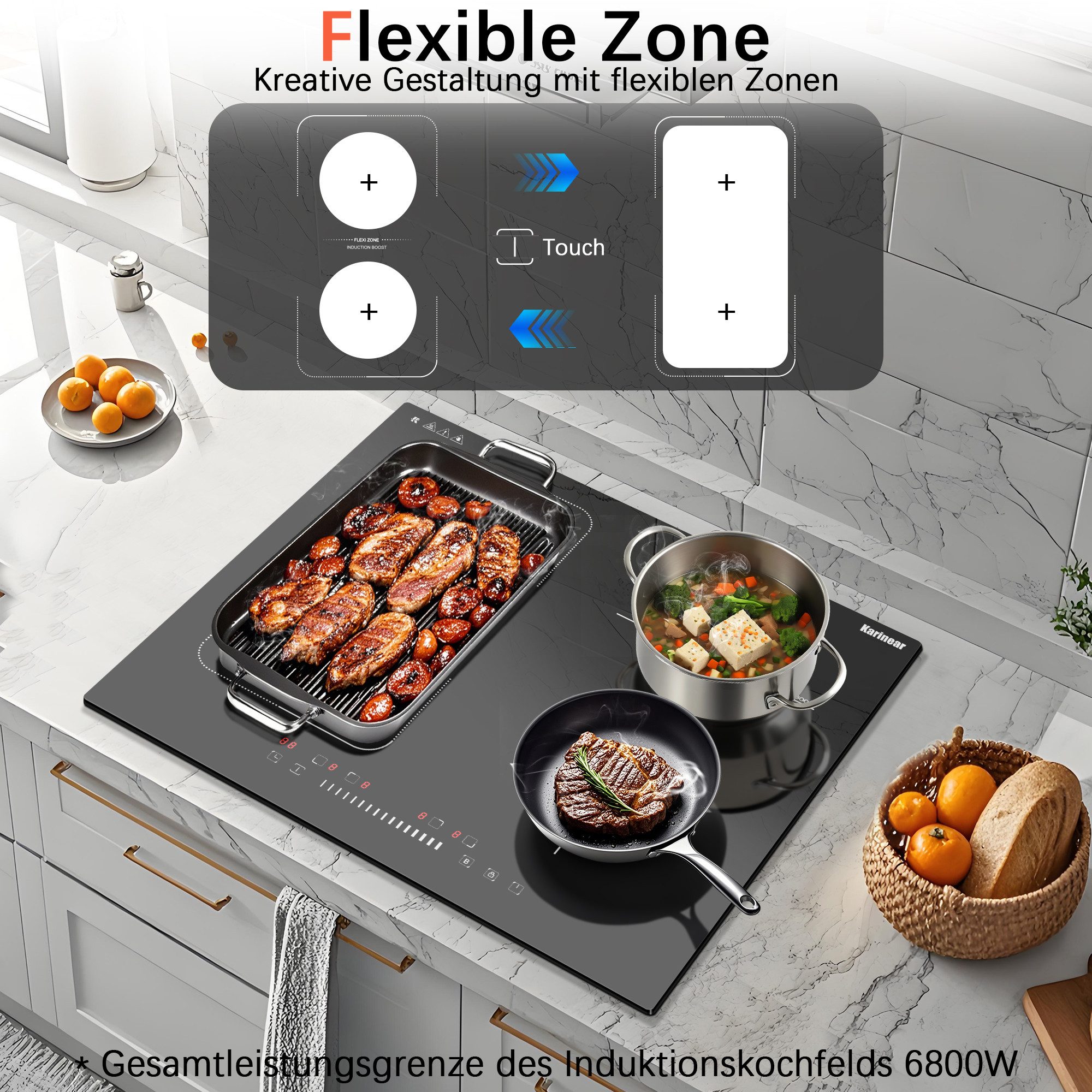 Karinear Induktions-Kochfeld 4-Zonen, Flexzone, Boost, Timer, 60 cm,7200W