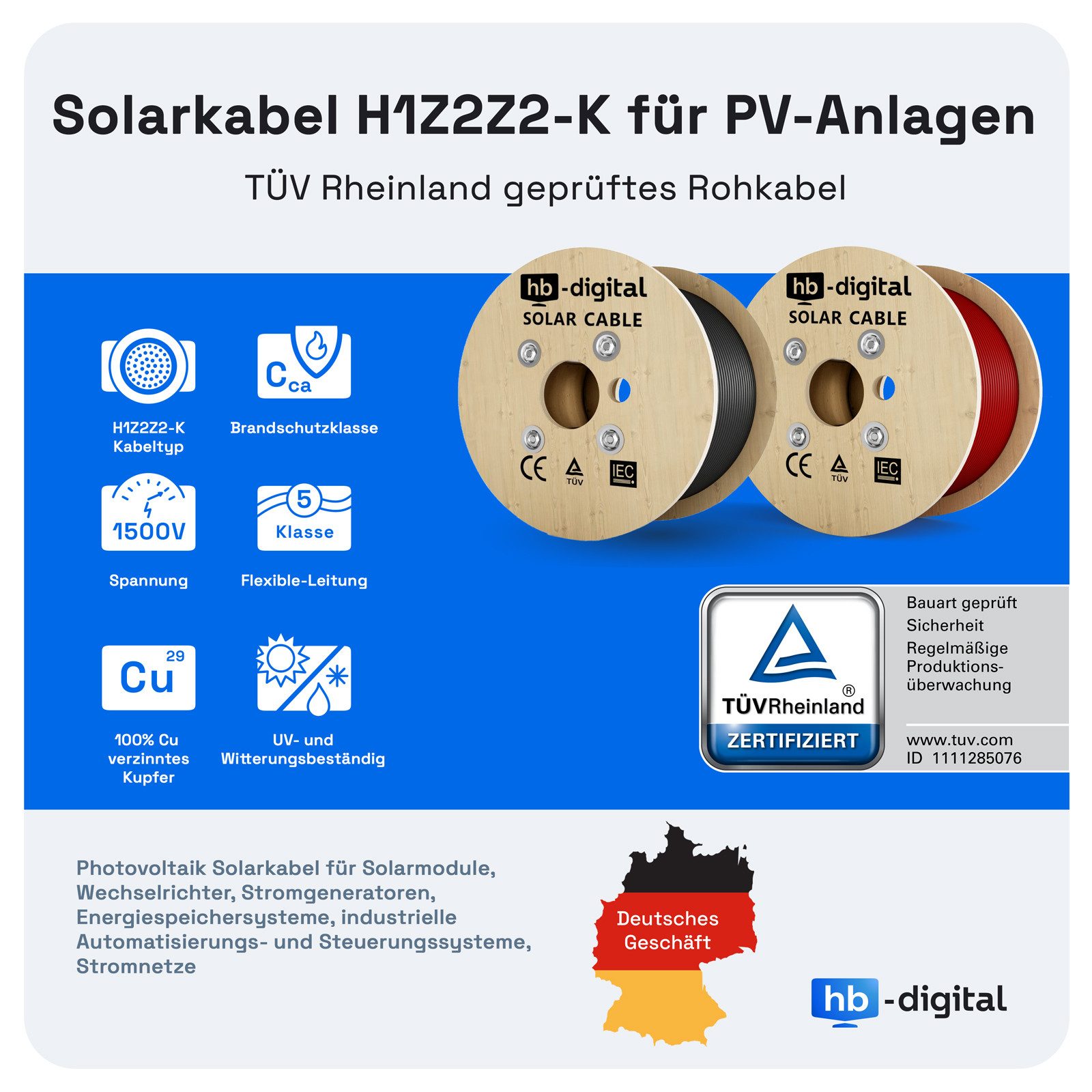 HB-DIGITAL Solarleitung H1Z2Z2-K Solarkabel 4mm2 PV Kabel Photovoltaik Solarkabel, Solarstecker, (500 cm), TÜV Rheinland zertifizierte PV Kabel