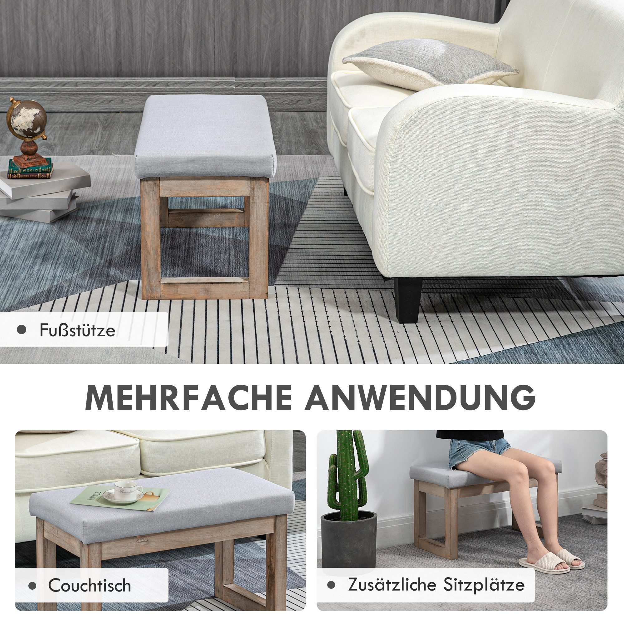 MODFU Polsterbank Sesselhocker Grau 68x38x42 cm, Holzbeine, weiche Polsterung (Packung, 1-St., Fußbank & Sitzhocker für Wohnzimmer & Schlafzimmer), Vielseitige Eingangsbank für Flur & Ankleide