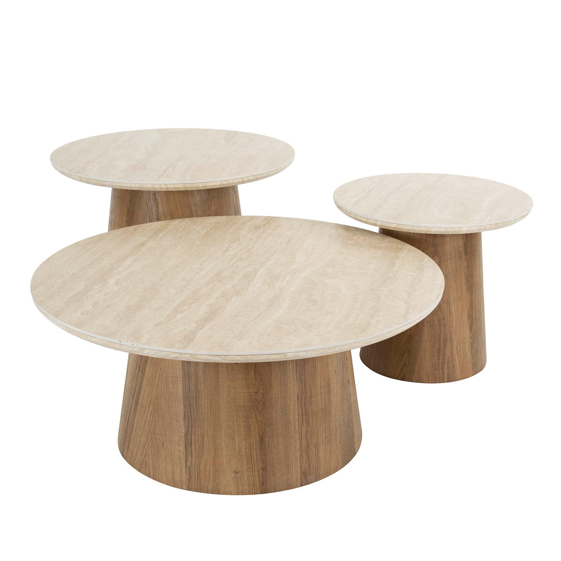 Villa Möbel Couchtisch Romano (1 Tisch, 3-St), Rundes Couchtisch Set mit heller Travertin Optik