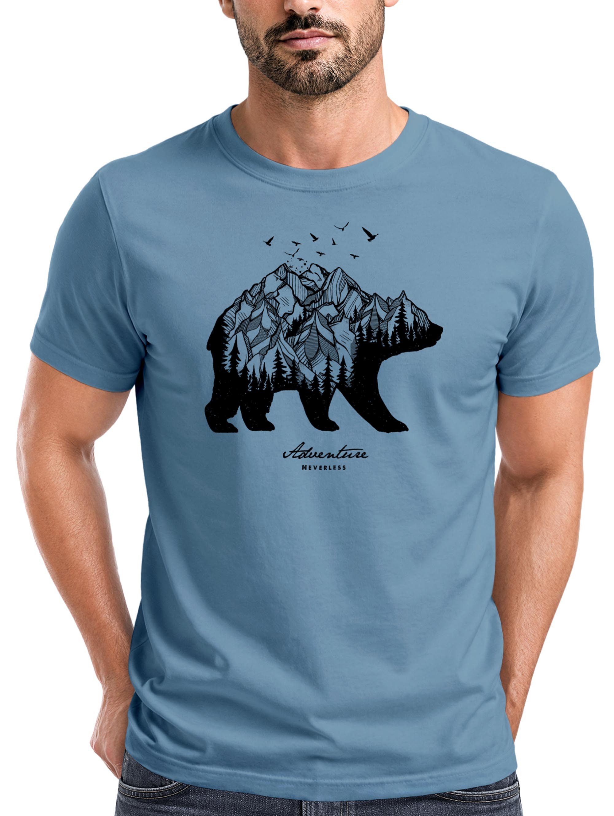 Neverless Neverless Print-Shirt Herren T-Shirt Bär Abenteuer Berge Wald Bear Mountains Adventure Slim mit Print