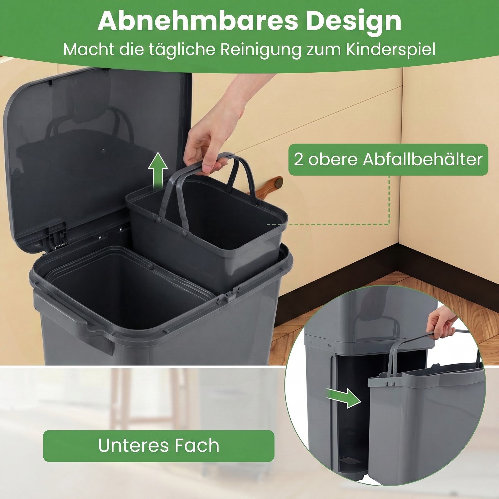 COSTWAY Mülleimer, 3 Fächer, 36L Abfalleimer Küche auf Rollen, mit Aufkleber