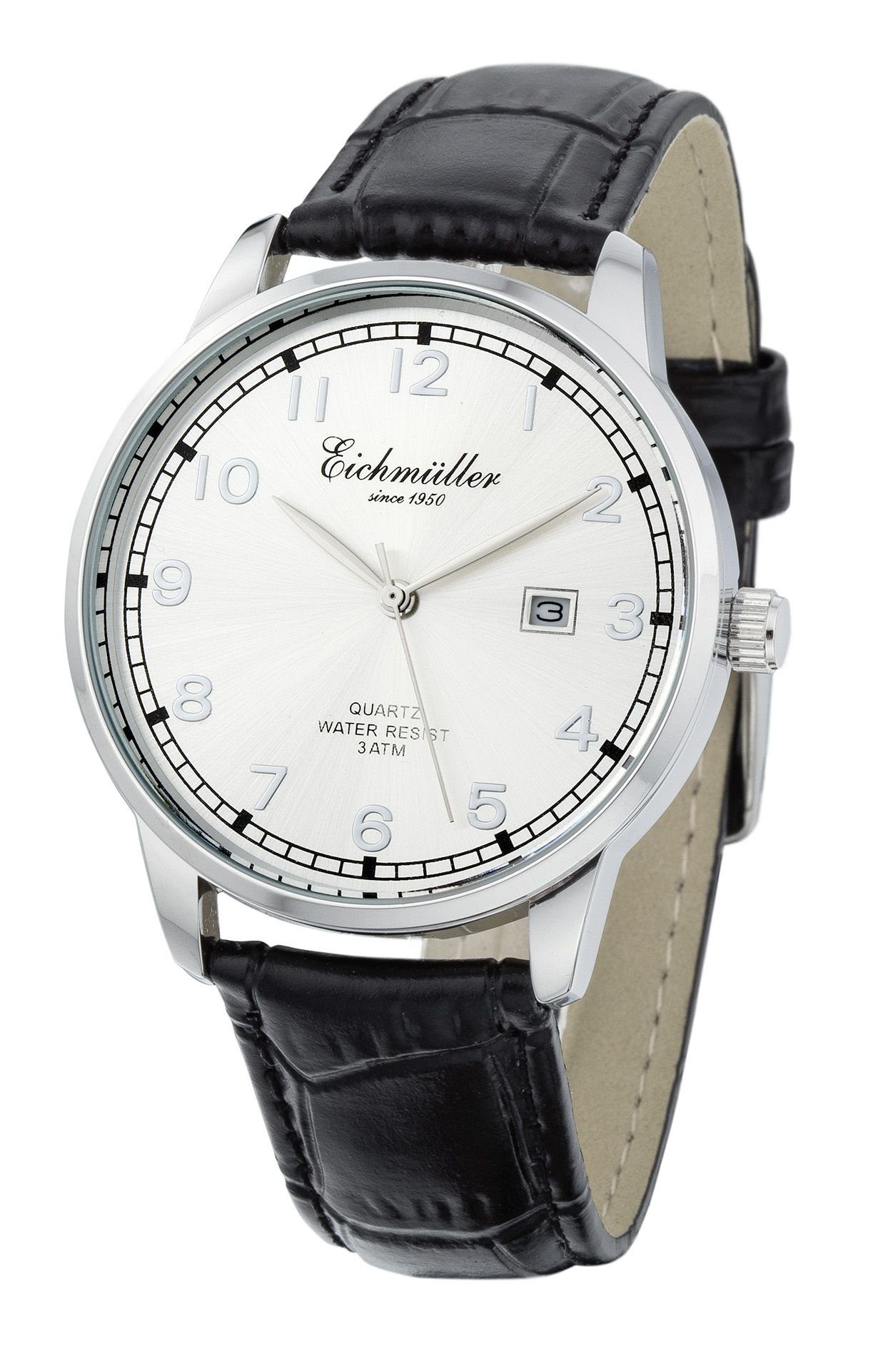 Eichmüller Quarzuhr Herrenuhr 7046-02 Silberfarben Lederband Schwarz 40 mm