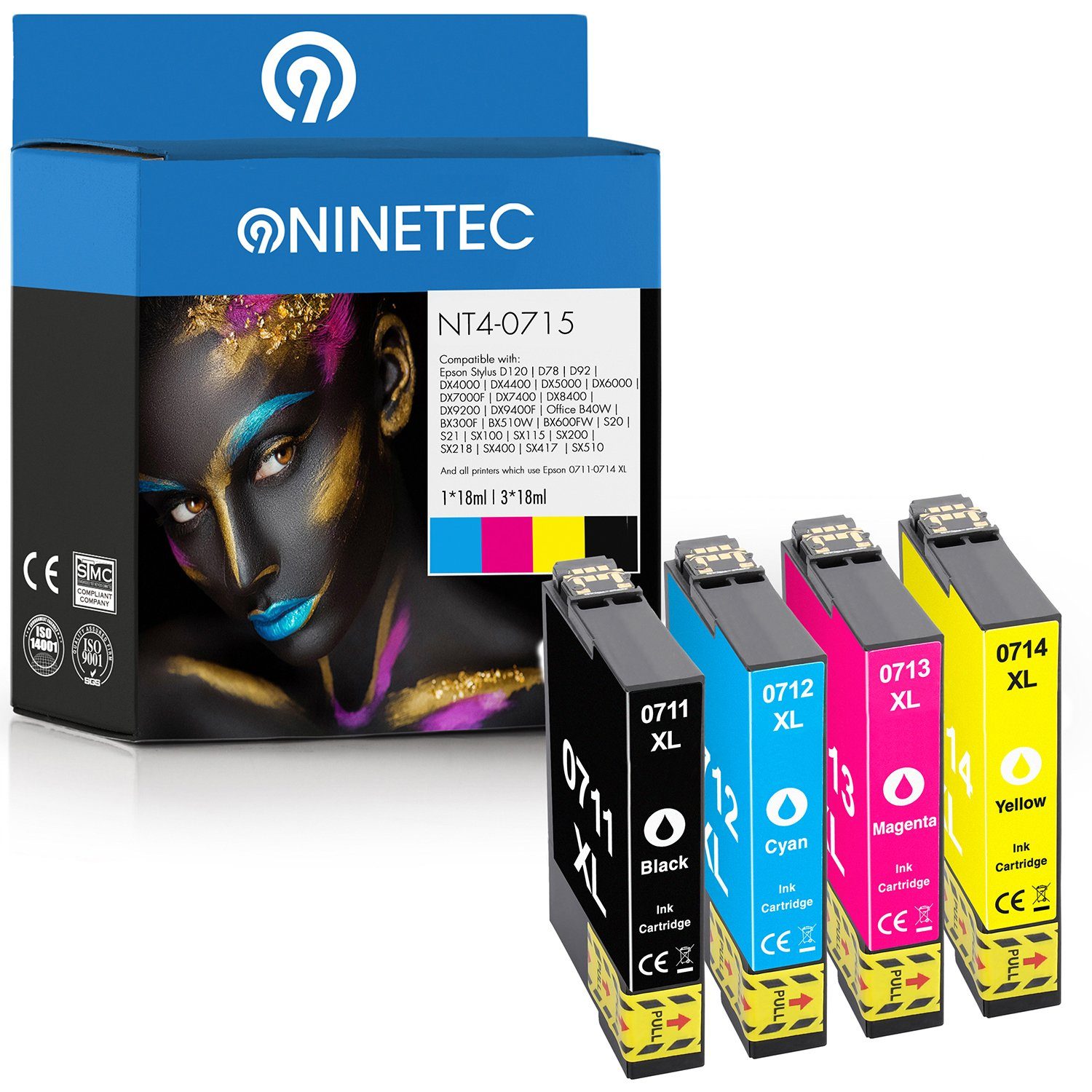NINETEC 4er Set ersetzt Epson T0711-T0714 Tintenpatrone