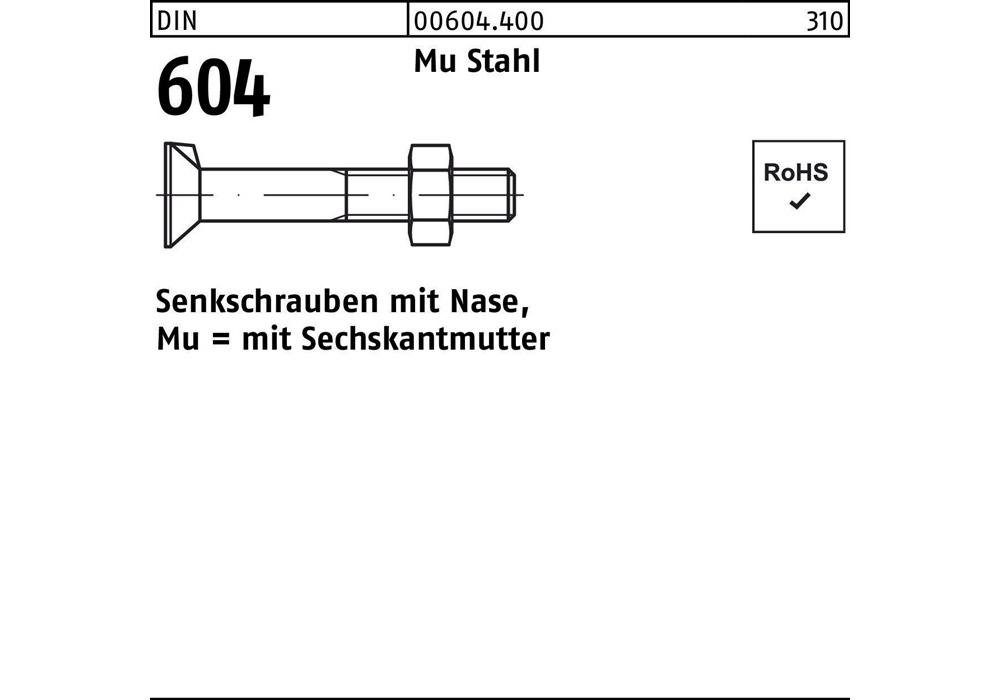 20 m.Nase/6-kantmutter 45 Mu M Senkschraube 604 Senkschraube Stahl DIN 4.6 x