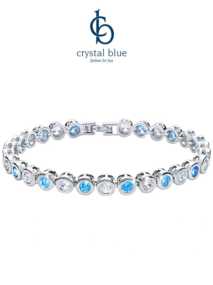 crystal blue Tennisarmband Facetteschliff Zirkonia Kristalle Klappverschluß flexible Verlängerung, minimalistisch elegant