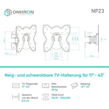 ONKRON TV Wandhalterung schwenkbar neigbar 17-43 Zoll TV-Wandhalterung, (bis 43,00 Zoll, TV Wandhalterung, TV Wandhalterung, VESA 75x75 - 200x200 mm, max. Last bis 35 kg)