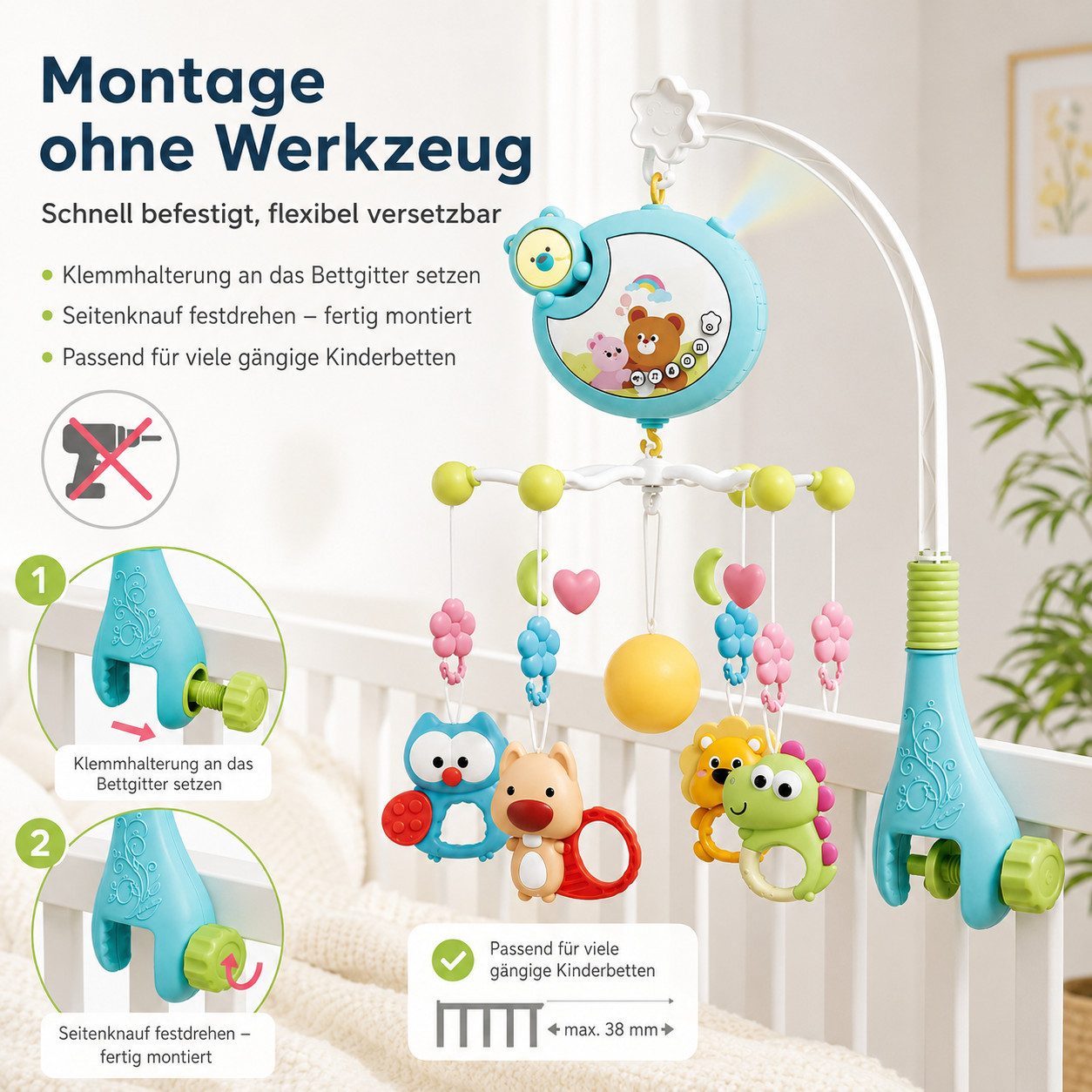 Luckice Mobile 3in1 Traumbärchen Mobile,mit Musik und Sternenprojektor, (drehbares Musikmobile mit Tieranhängern und Schraubklemme, Blau)