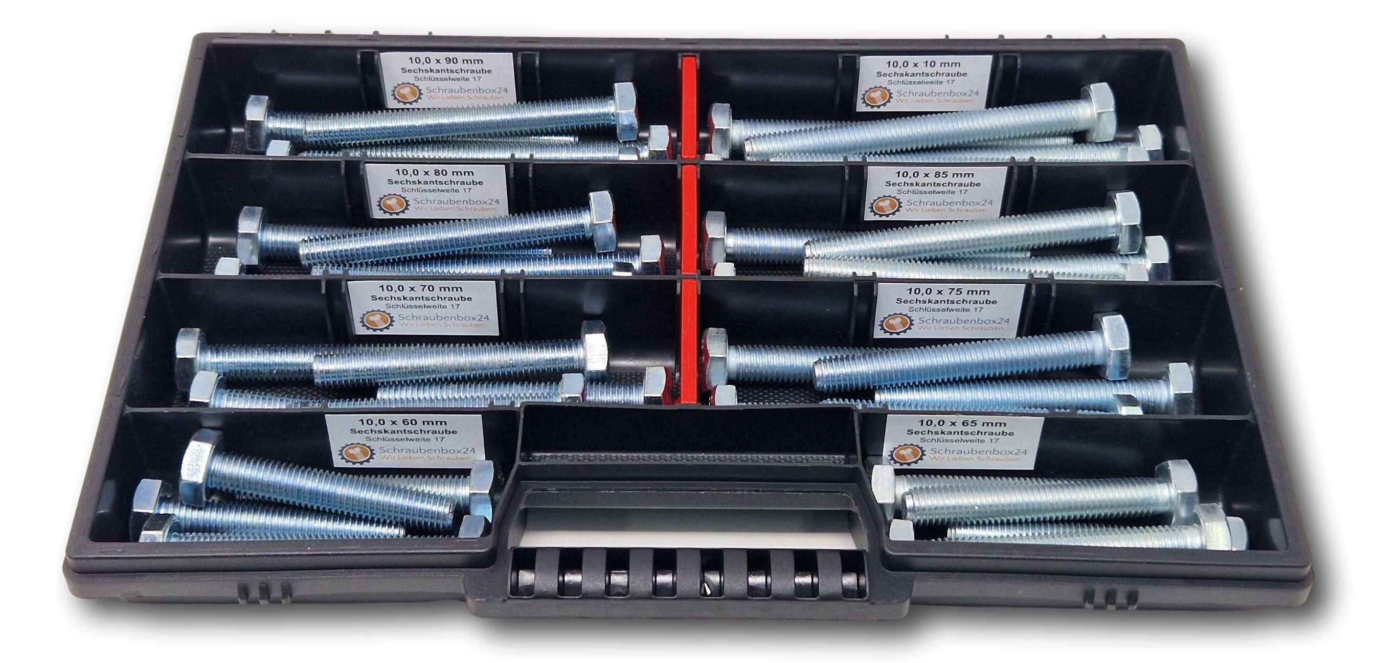Schraubenbox24 Sechskantschraube Sortiment M10 // 60mm-100mm, (DIN 933 ISO 4017, 40 St., galvanisch verzinkt), 40 Stück Sechskantschrauben