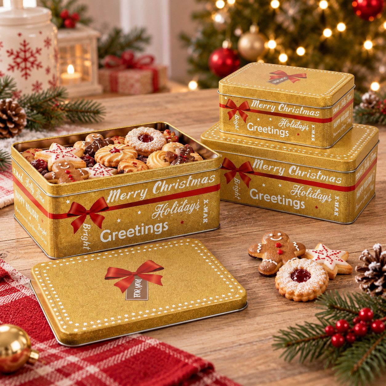 Rungassi Keksdose Weihnachts-Keksdosen Plätzchendosen 3er Set rechteckig Farbe: gold, Weißblech