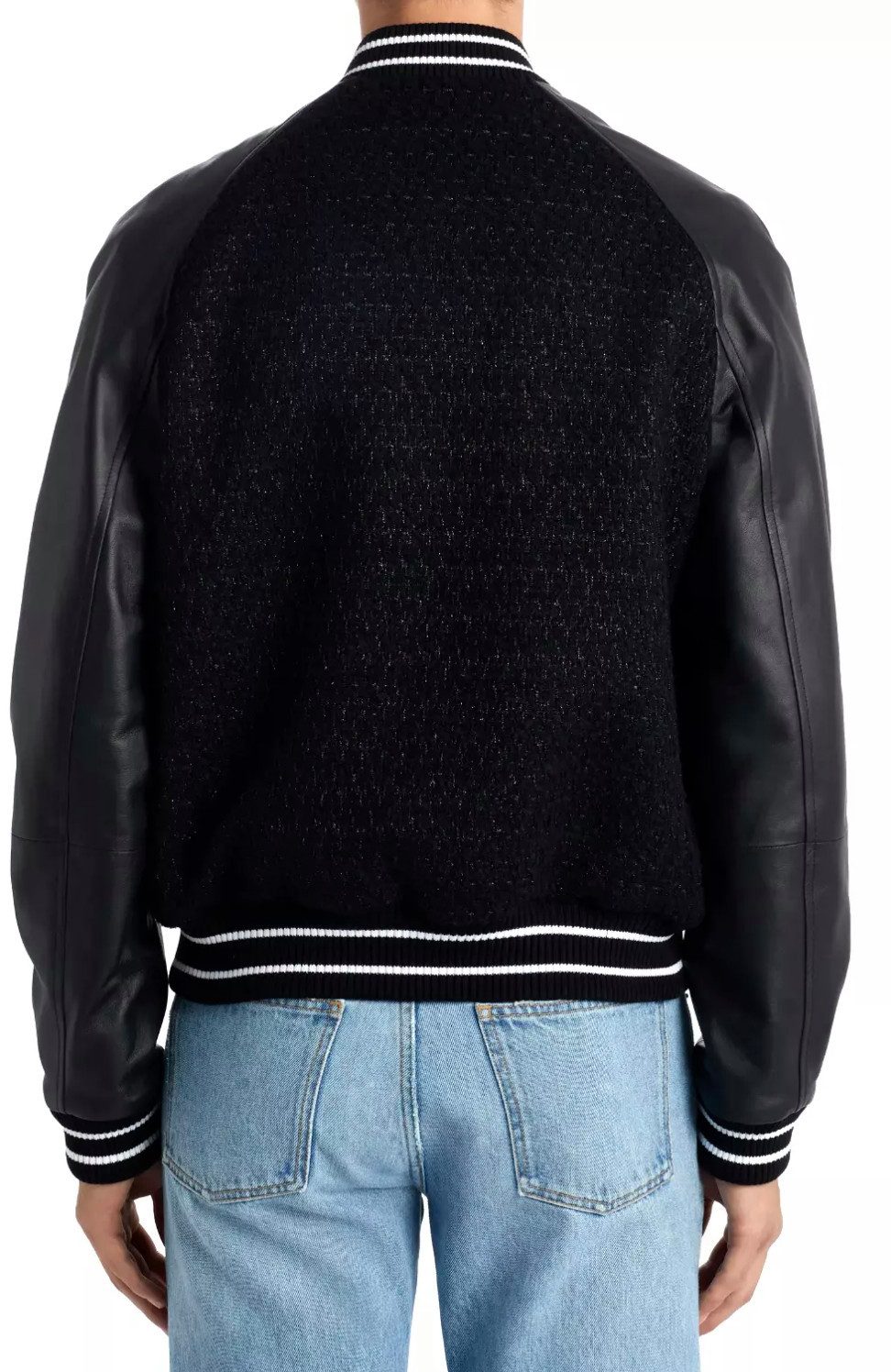 Valentino Bomberjacke Varsity Collage Tweed Leder Jacke Blouson ikonische VLOGO, Lederärmel, Woll-Bouclé-Tweed, terry-Logo