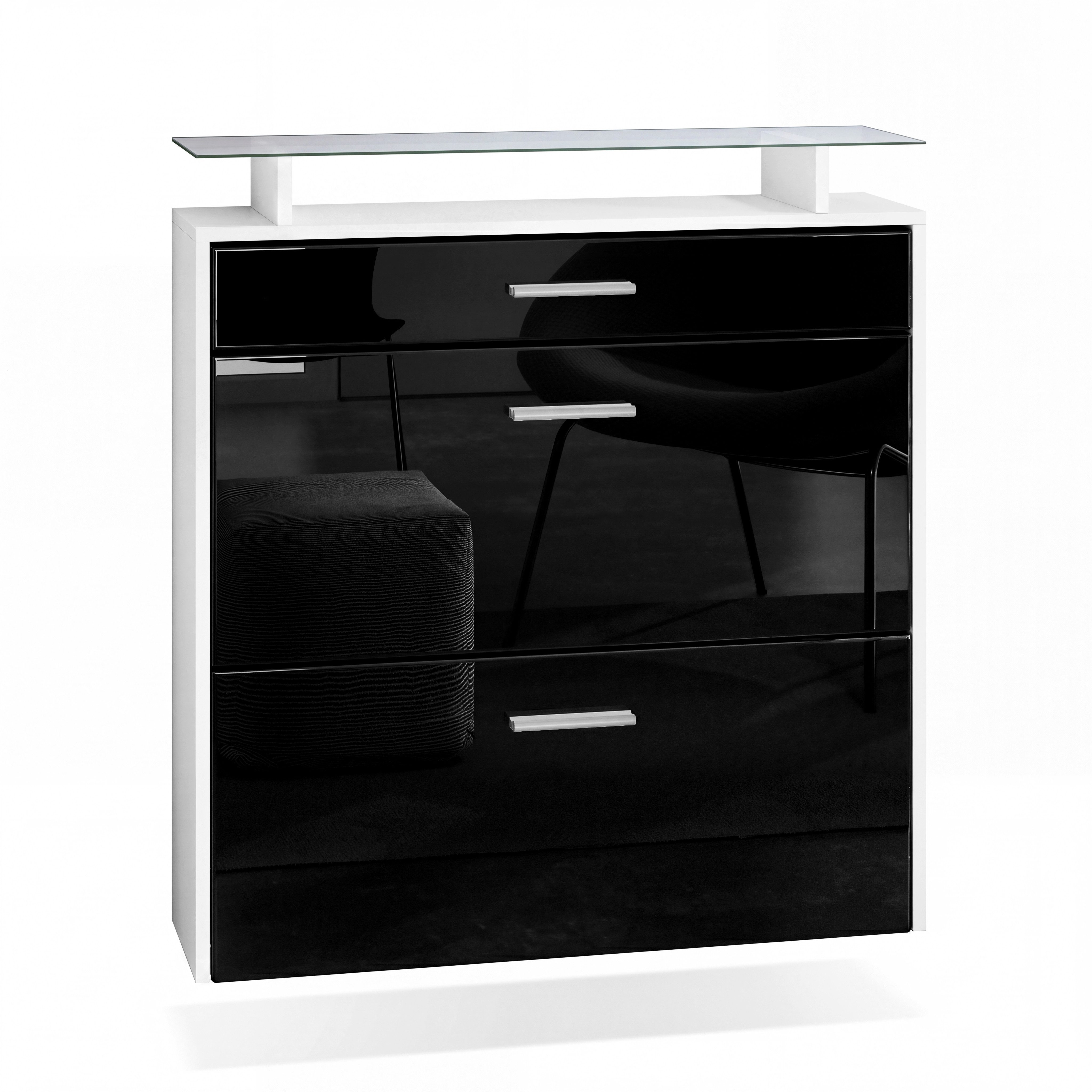 Vladon Schuhschrank Malea (hängender Schuhkipper für 16 Paar Schuhe, mit 2 Klappen und 1 Schublade und Glasablage) Weiß matt/Schwarz Hochglanz (89 x 96 x 23 cm)