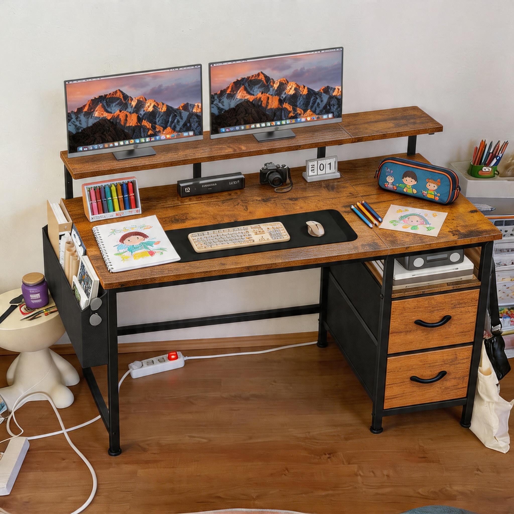 Klyvvo Eckschreibtisch Computertisch, Schreibtisch mit 2 Schubladen Bieten Stauraum (1-St., mit Monitorständer, 2 Ablagehaken), Kompakte Maße Passen Gut in Studierende, Home-Office-Arbeiter
