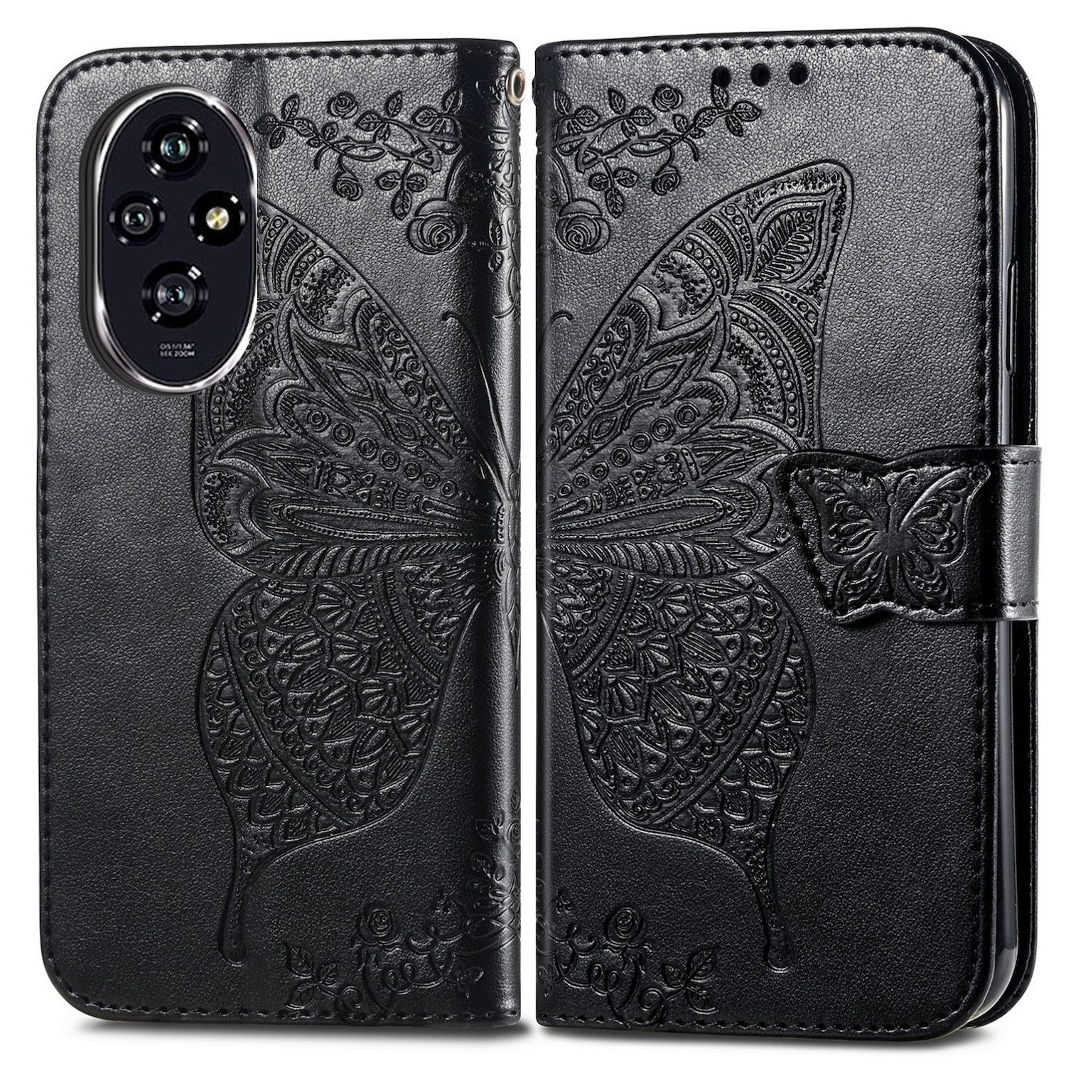 Wigento Smartphone-Hülle Für Honor 200 Kunstleder Wallet Tasche Design Schmetterling Schwarz, Kunst-Leder Schutzhülle Smart Case Cover magnetischer Verschluss