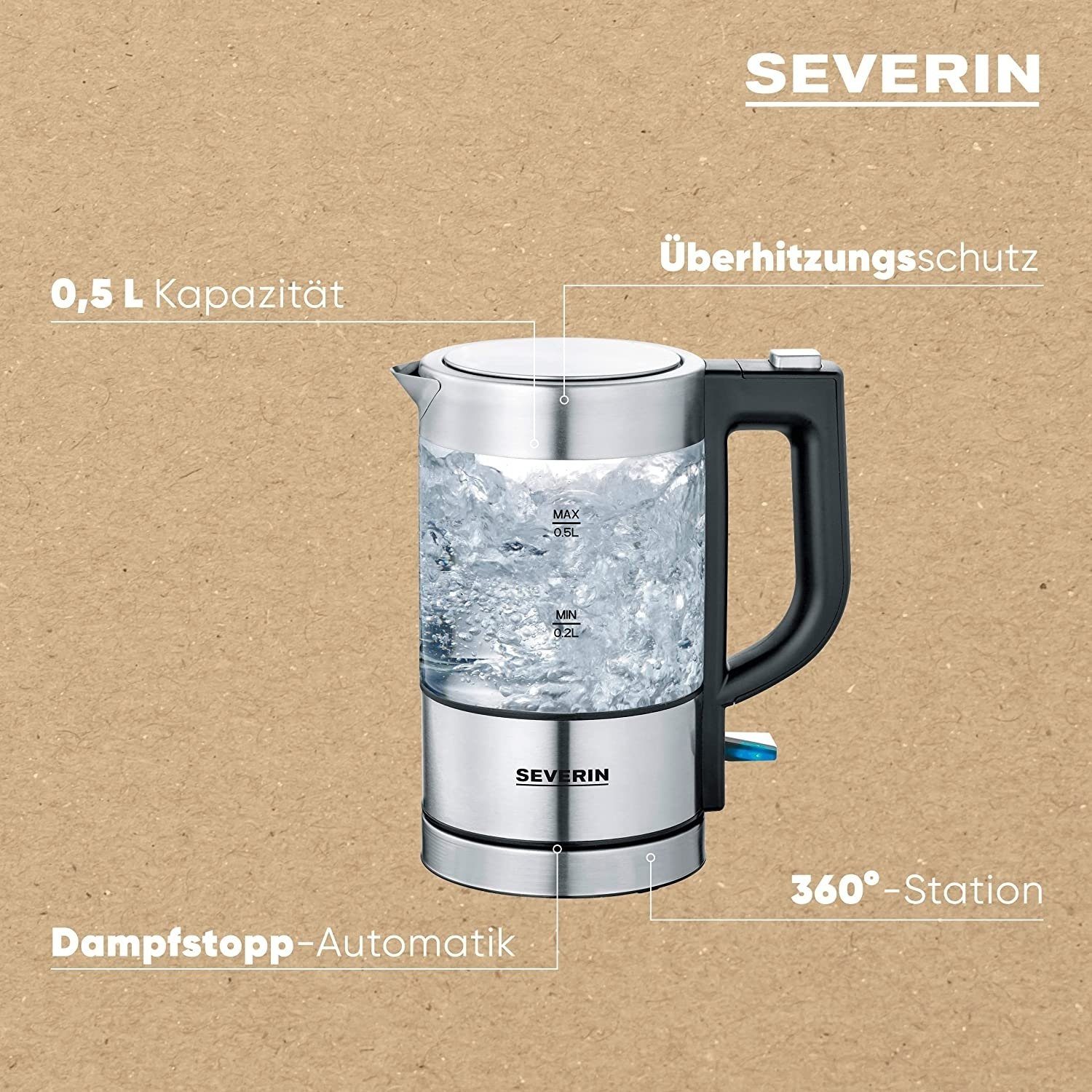 Severin Mini SEVERIN Glas WK 1100 schwarz, Wasserkocher 0,5L, W, Edelstahl-gebürstet, max. 3499 Wasserkocher