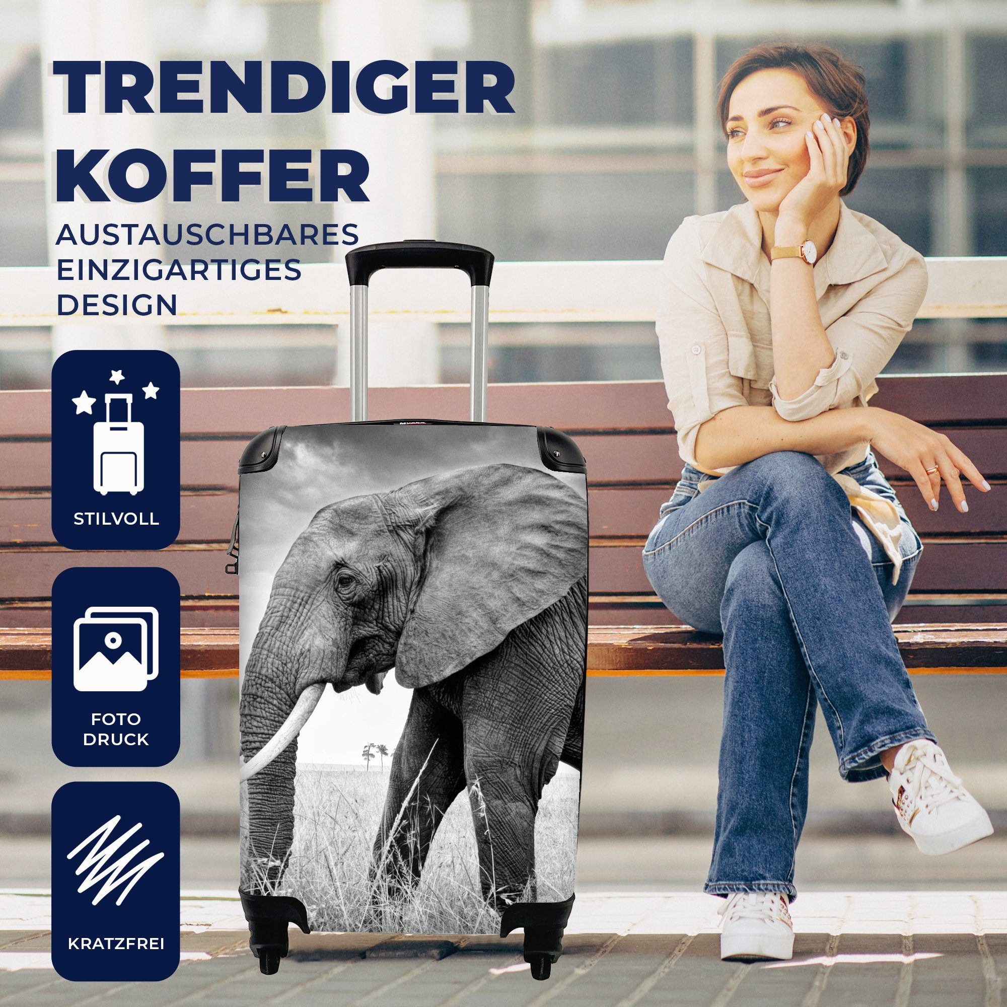 Reisetasche Elefant MuchoWow Rollen, - für Schwarz 4 Handgepäck Tiere mit Reisekoffer und Gras weiß, - rollen, Handgepäckkoffer Trolley, Ferien, -