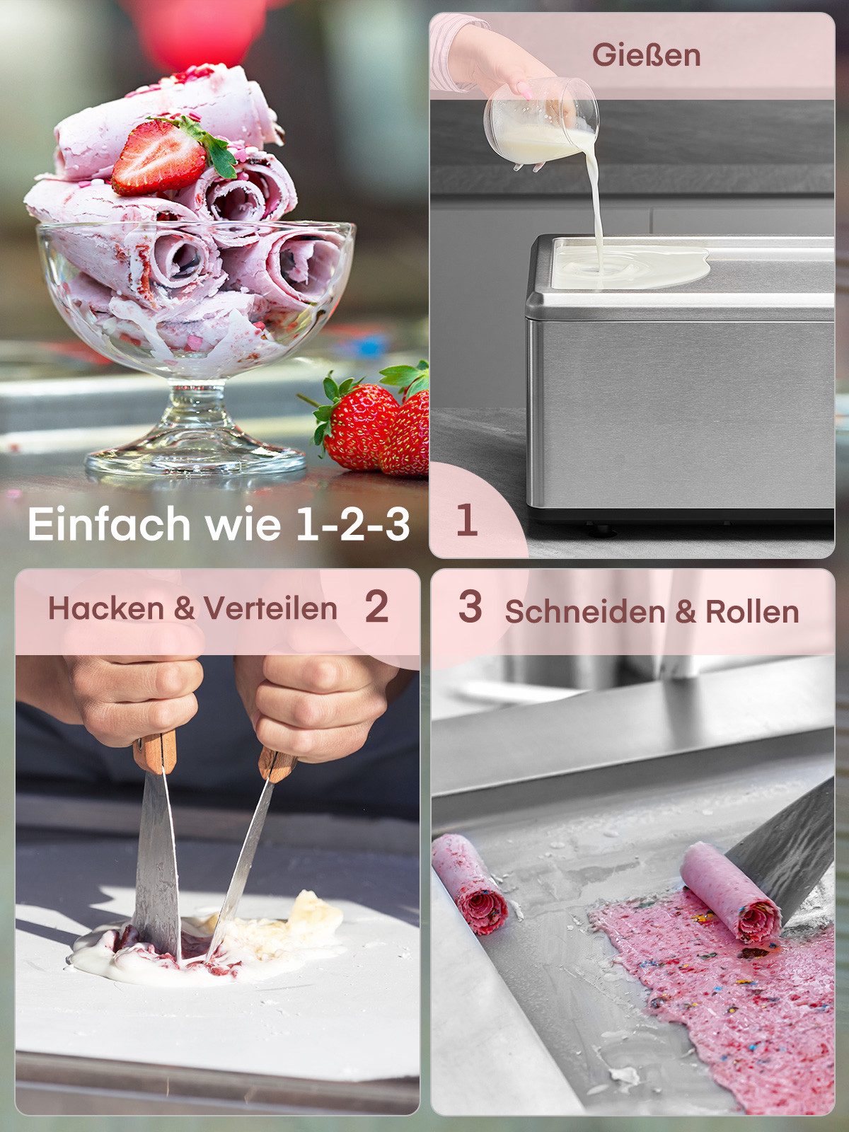 FOHERE Eismaschine Selbstkühlende Roll-Eismaschine für Zuhause mit Kompressor, 120 W, inkl. 2 Metallspatel & Rezeptheft, ein-Knopf-Bedienung