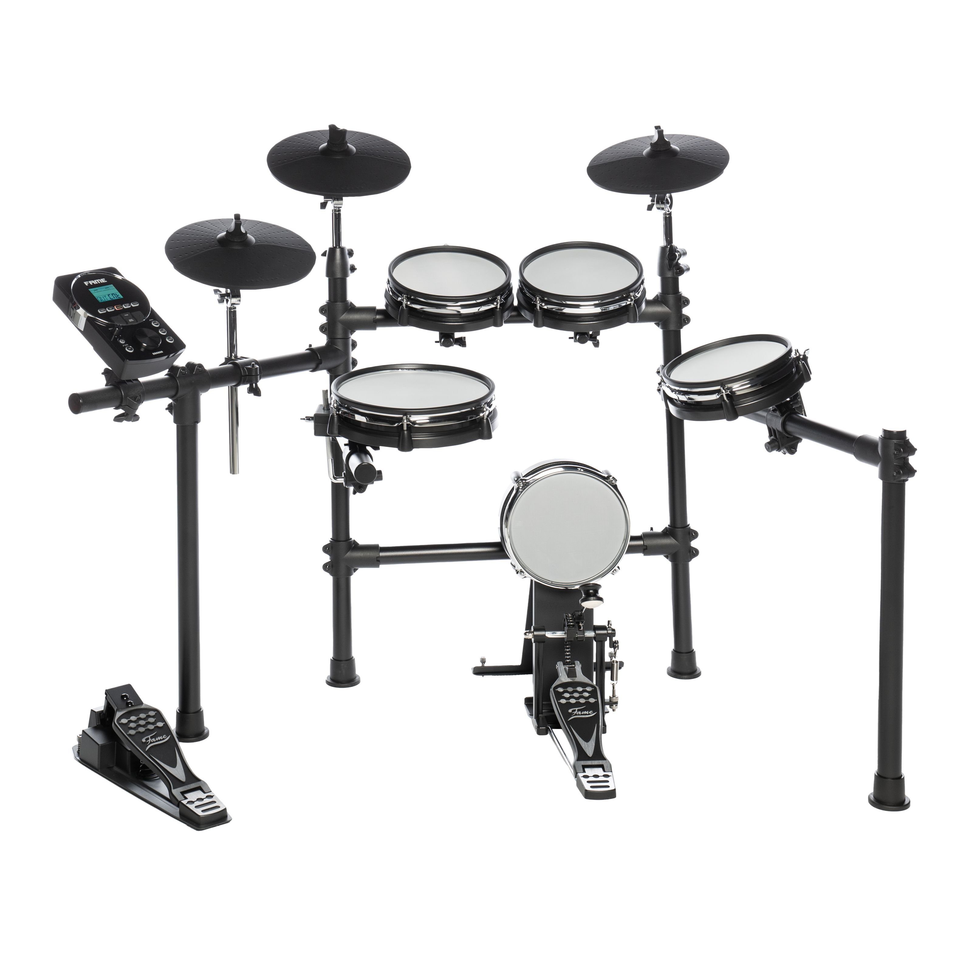 FAME E-Drum,DD-6600 E-Drum Set, Elektronisches Schlagzeug-Set mit 408 Sounds, Dual Zone Snare Pad 10“, Kick Pad 8“, Aux-Eingang, MIDI, Drumsticks, Effekten und Double Bass, E-Schlagzeug, Schwarz, E-Drum Set, Elektronisches Schlagzeug, Dual Zone Snare Pad