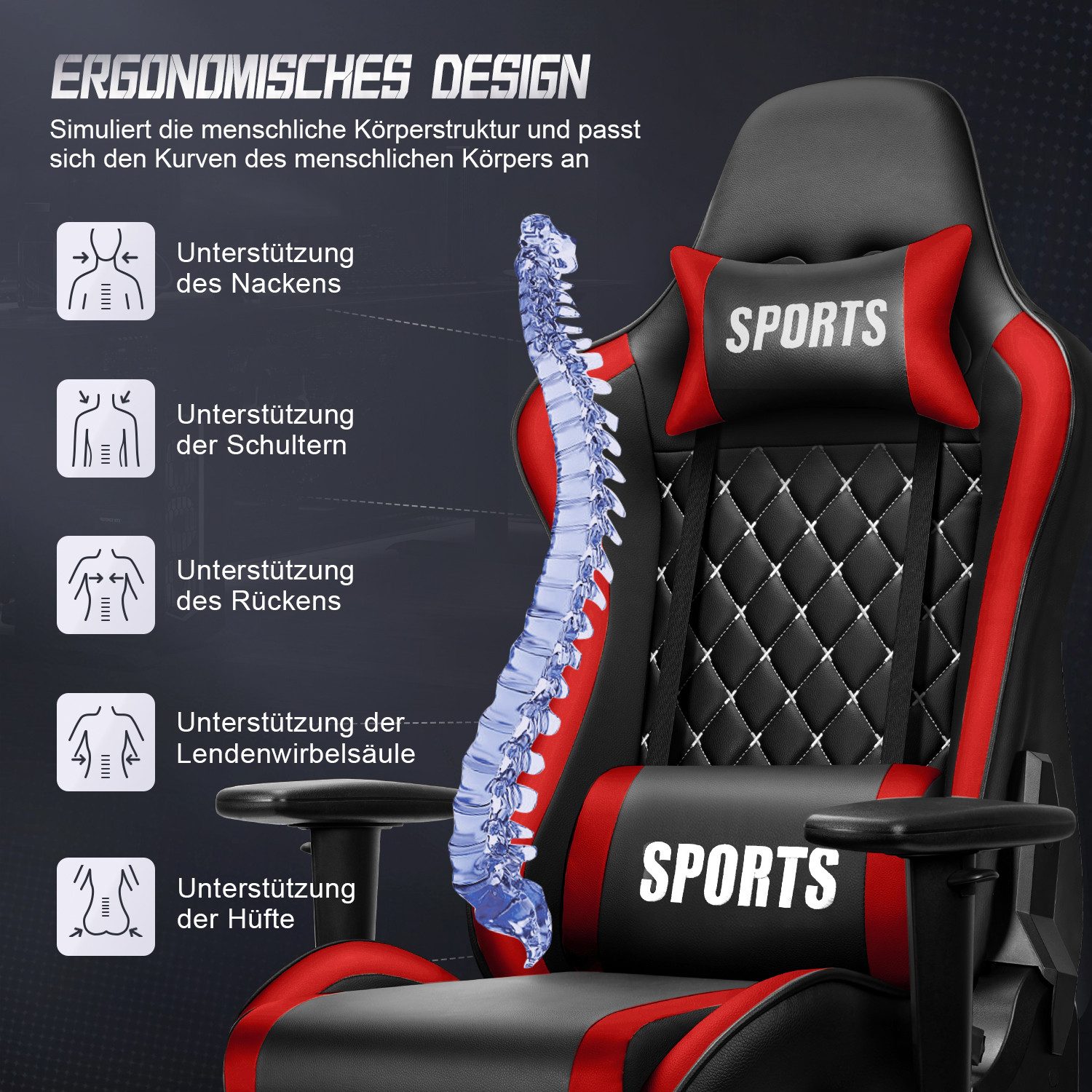Adormii Gaming-Stuhl Gaming stuhl mit verstellbaren Armlehnen, ergonomisch gaming chair (90°–170° neigbar und arretierbar, gamingstuhl mit gepolsterter Kopfstüt – Bild 3 von 5