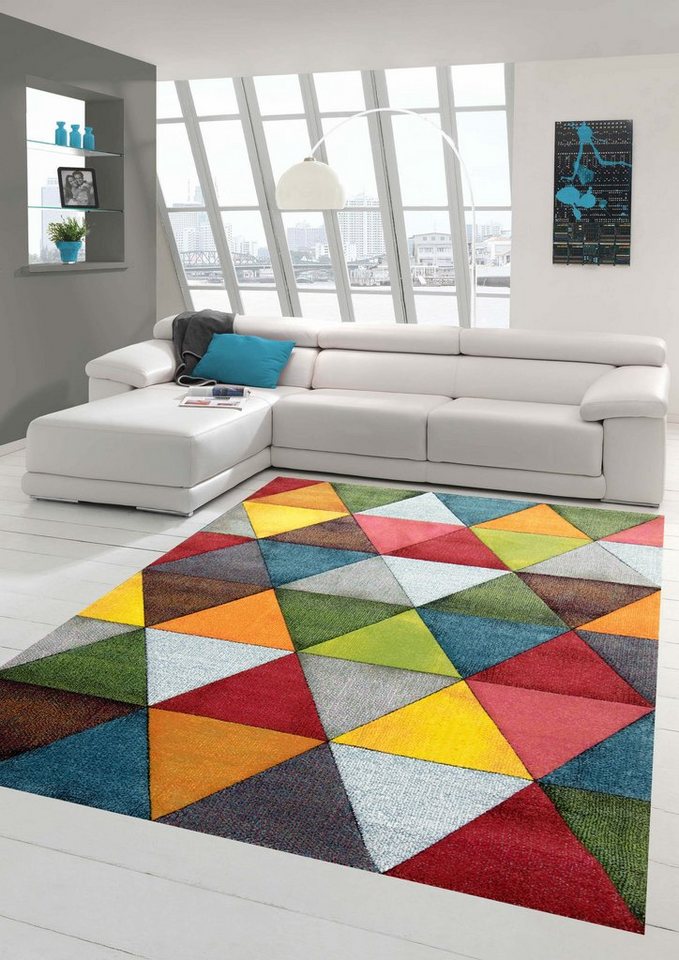 Teppich Moderner Teppich Wohnzimmer abstraktes Design buntes Dreieckmuster  rot grün orange - pflegeleicht, Teppich-Traum, rechteckig, Höhe: 13 mm