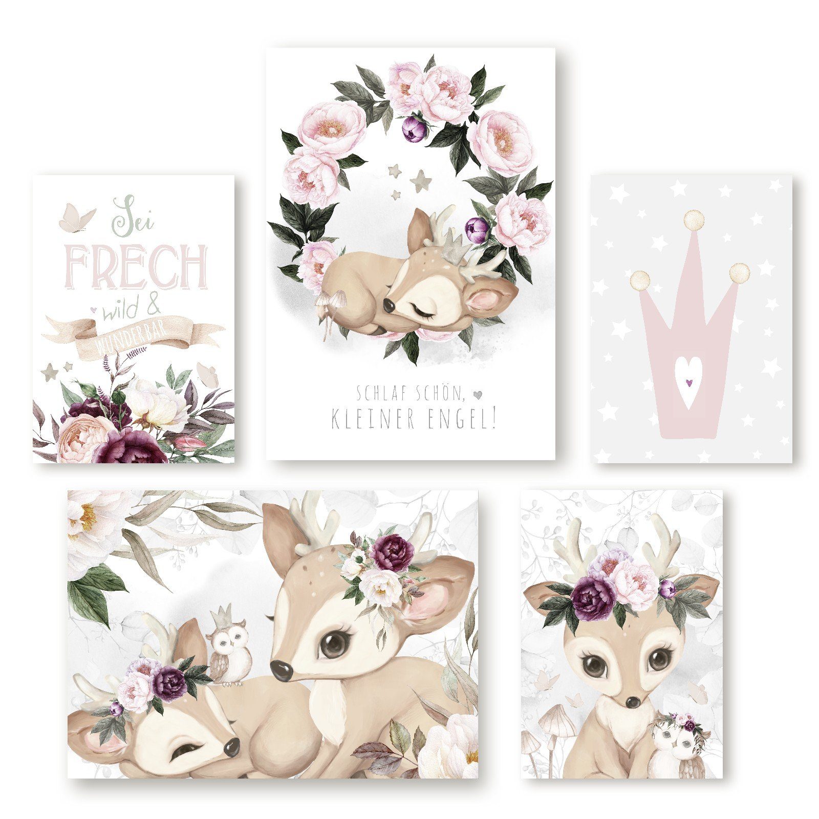 homestyle-accessoires Poster Kinderzimmer Bilder Bilderset SCHLAF SCHÖN KLEINER ENGEL BAMBI REH, (5 St), - Ohne Bilderrahmen - sorgfältige & sichere Verpackung