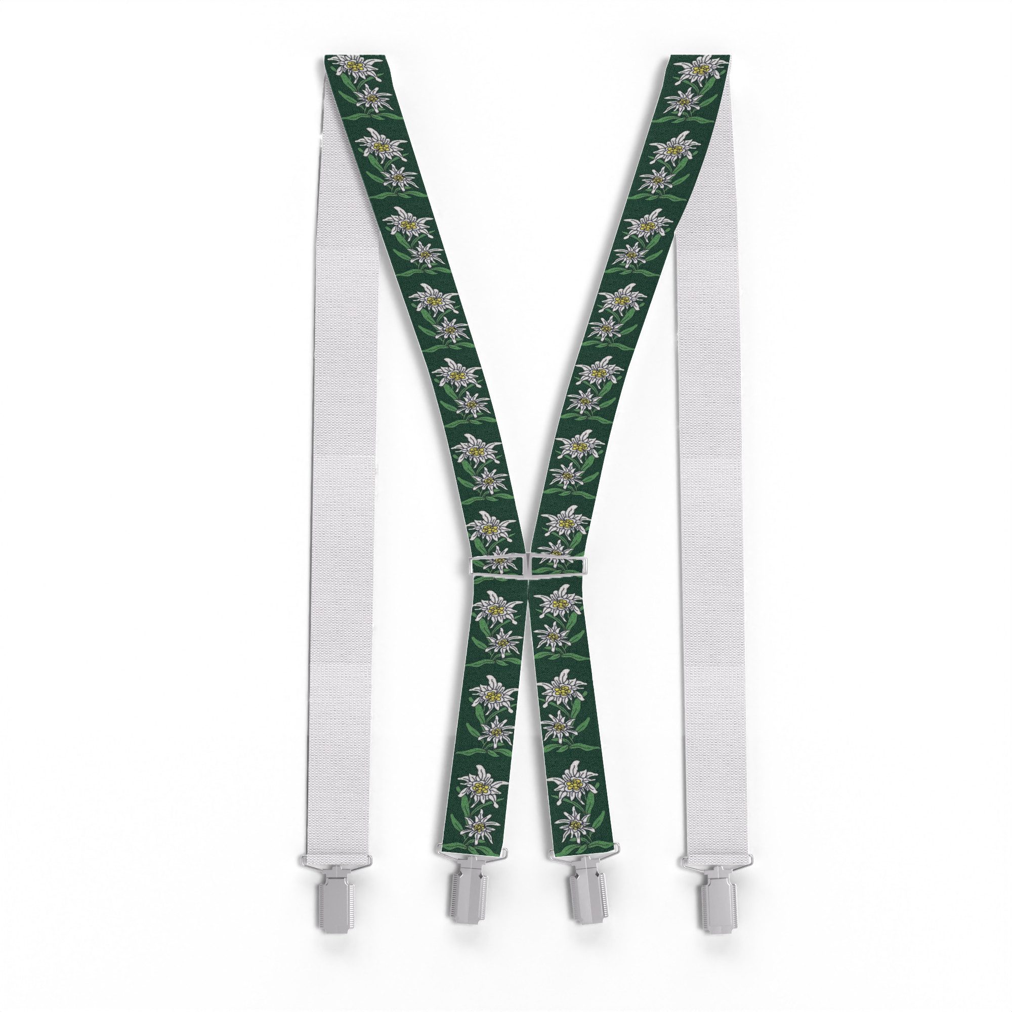 ZUKUNFTSENKEL Подтяжки Подтяжки Edelweiß 4 Clips 3,5cm Breite (Edelweiss Muster, X-Form) Rutschfest, Elastisch