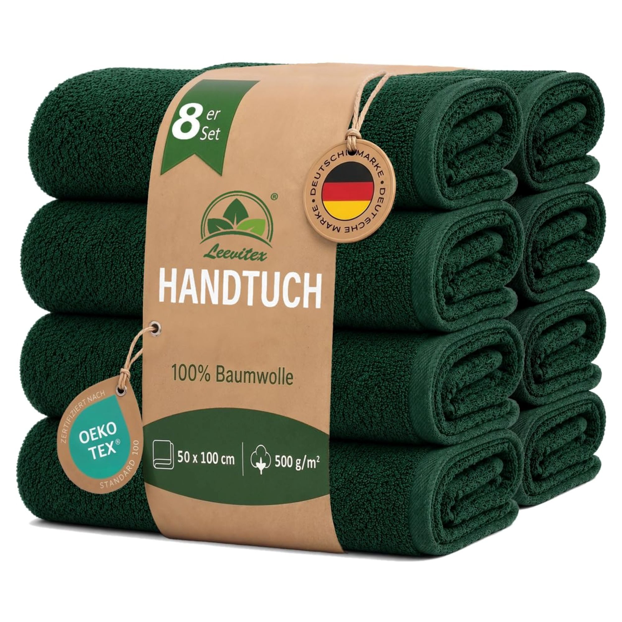 leevitex® Handtücher 8er-Set, 50 × 100 cm, aus 100% Baumwolle, Dunkelgrün, Frottee (Set, 8-St), OEKO-TEX® STANDARD 100 zertifiziert und hochwertig verarbeitet
