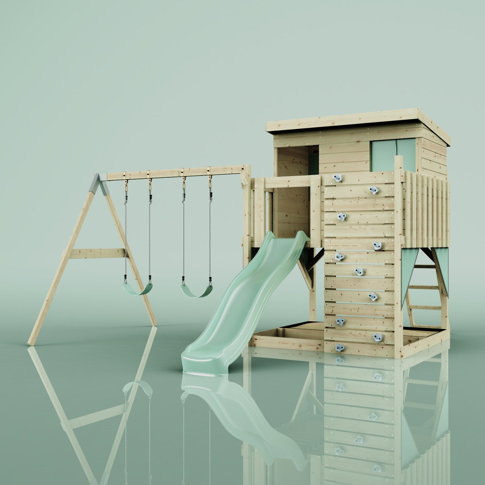 OutdoorToys Spielturm Nils, aus Holz in Mintgrün mit Kinderschaukel & Rutsche, Kletterwand