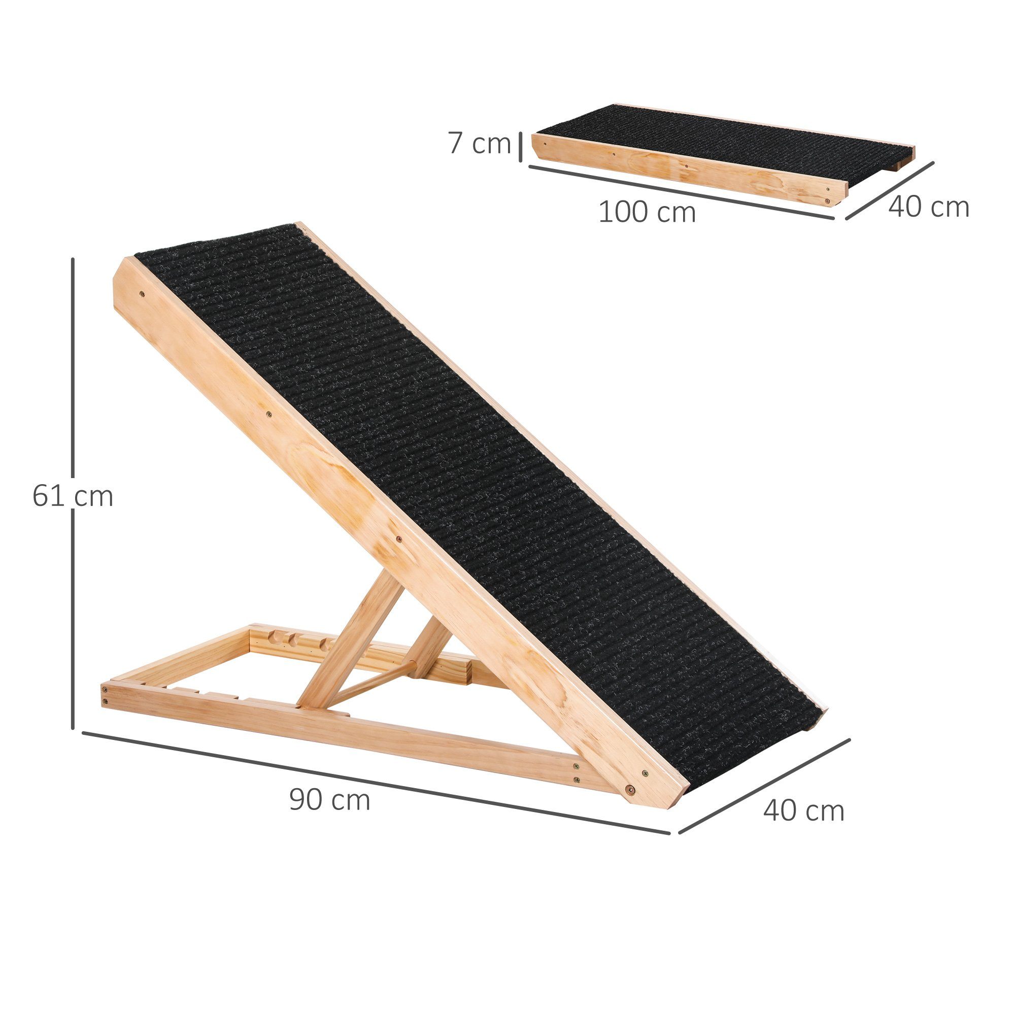 PawHut Hunderampe Haustierrampe mit rutschfestem Teppich (Hundeeinstiegshilfe, 1-St., Hundeleiter), Schwarz+Naturholz 90 x 40 x 61 cm