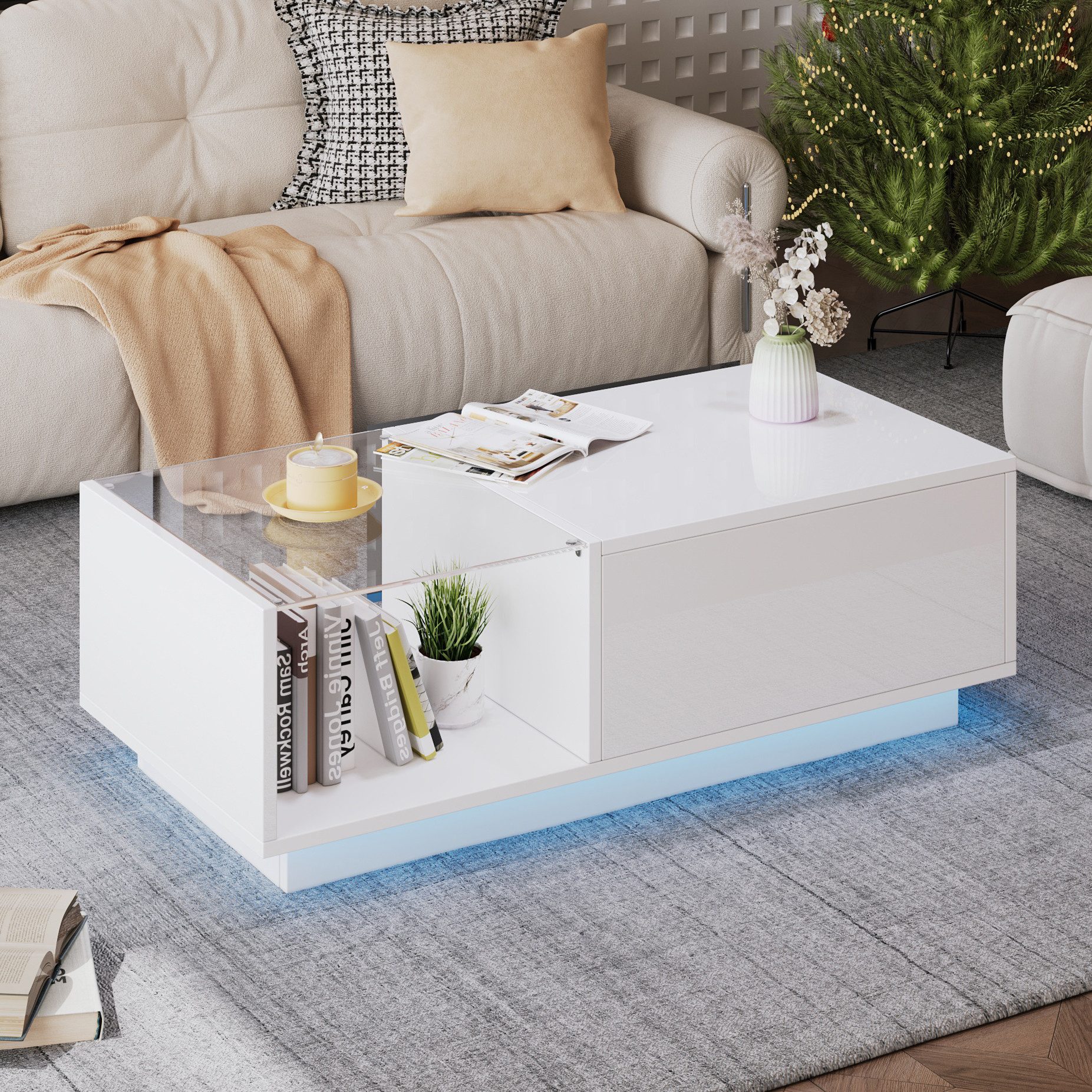 Merax Couchtisch höhenverstellbar Sofatisch mit Hebefunktion und Stauraum (1-St., 100x50x (33-46.5) cm), Beistelltisch Wohnzimmertisch mit Hochglanz-Oberfläche  – Bild 4 von 5