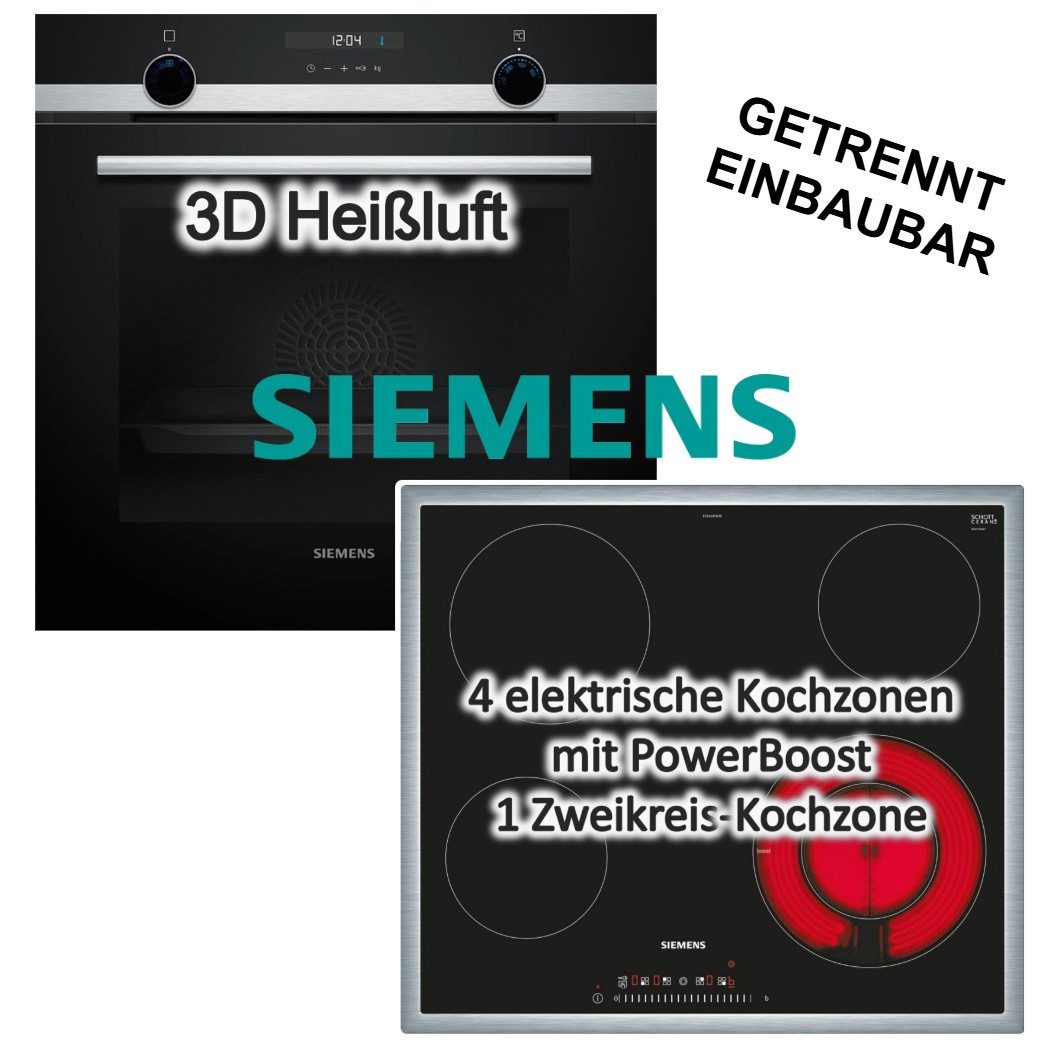 SIEMENS Elektro-Herd-Set Einbaubackofen 3D Heißluft Hydrolyse + Kochfeld Booster Zweikreiszone, Hydrolyse