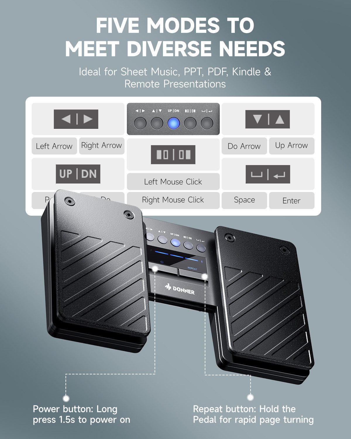 Donner Musikinstrumentenpedal DBM-50 Kabelloses Fußpedal mit Blätterfunktion für Tablet & Handy
