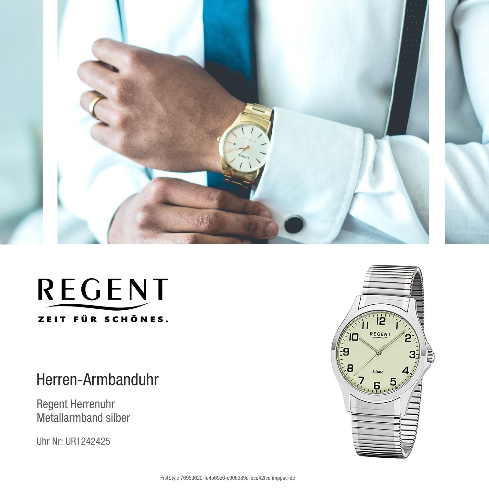 Regent Quarzuhr Regent Quarz, mittel Herren Uhr Metallarmband Armbanduhr rund, 1242425 Metall (ca. Herren 39mm)