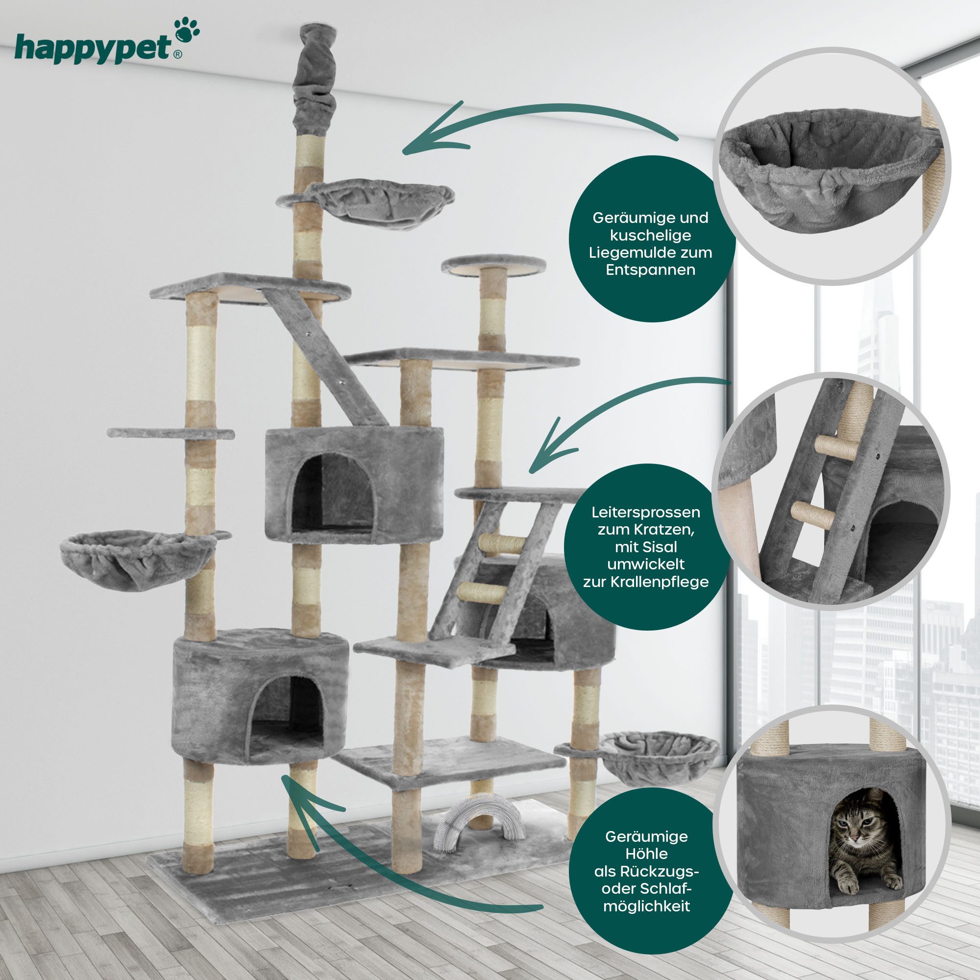 Happypet Kratzbaum SAM, Gesamthöhe bis 260 cm, Extra Breit, Deckenhoch mit viel Zubehör