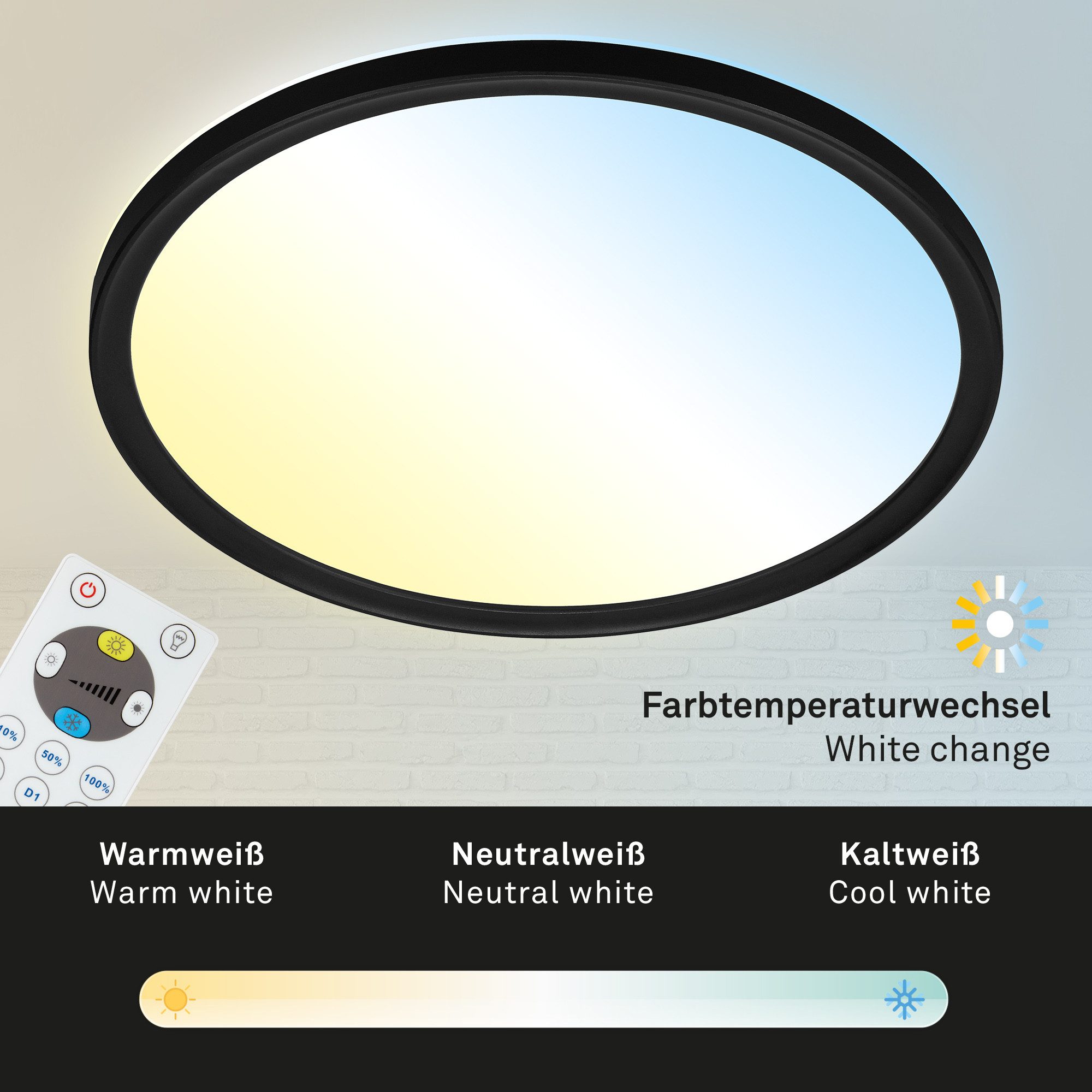 Briloner Leuchten LED Panel Deckenleuchte Ultraflach Slim Schwarz Weiß, Rund, LED fest integriert, CCT, Wählbar, LED Deckenlampe Schwarz/Weiß Wohnzimmer Schlafzimmer Küche
