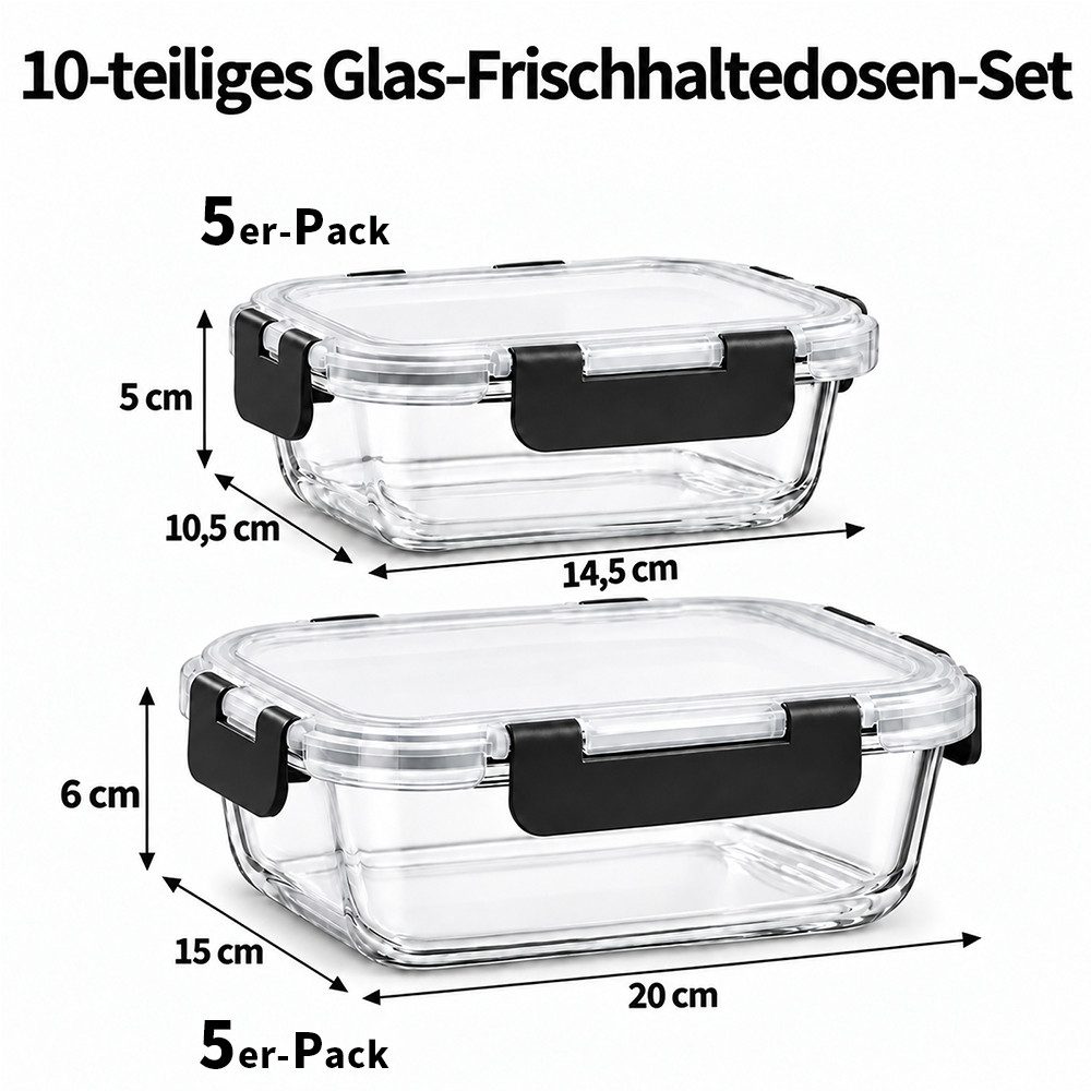 GLIESE Frischhaltedose Glasbehälter mit Deckel, Frischhaltedosen Glas mit Deckel, Borosilikatglas, (Set, 10-tlg., 5 x 1040-ml-Glasbehälter mit Deckel, 5 x 370-m – Bild 2 von 5