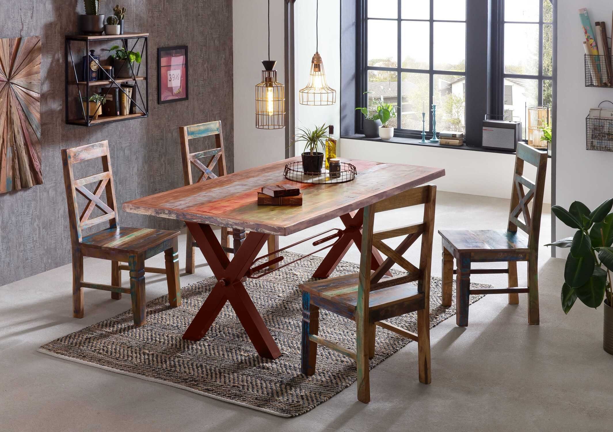 TPFLiving Esstisch Aris - Platte Altholz, Gestell Eisen (jedes Stück ein Unikat - Platte bunt, Gestell braun, Esstisch - Desinger Tisch Luxus - Esstisch massiv), Plattenstärke 40 mm - Esstisch 160x85cm