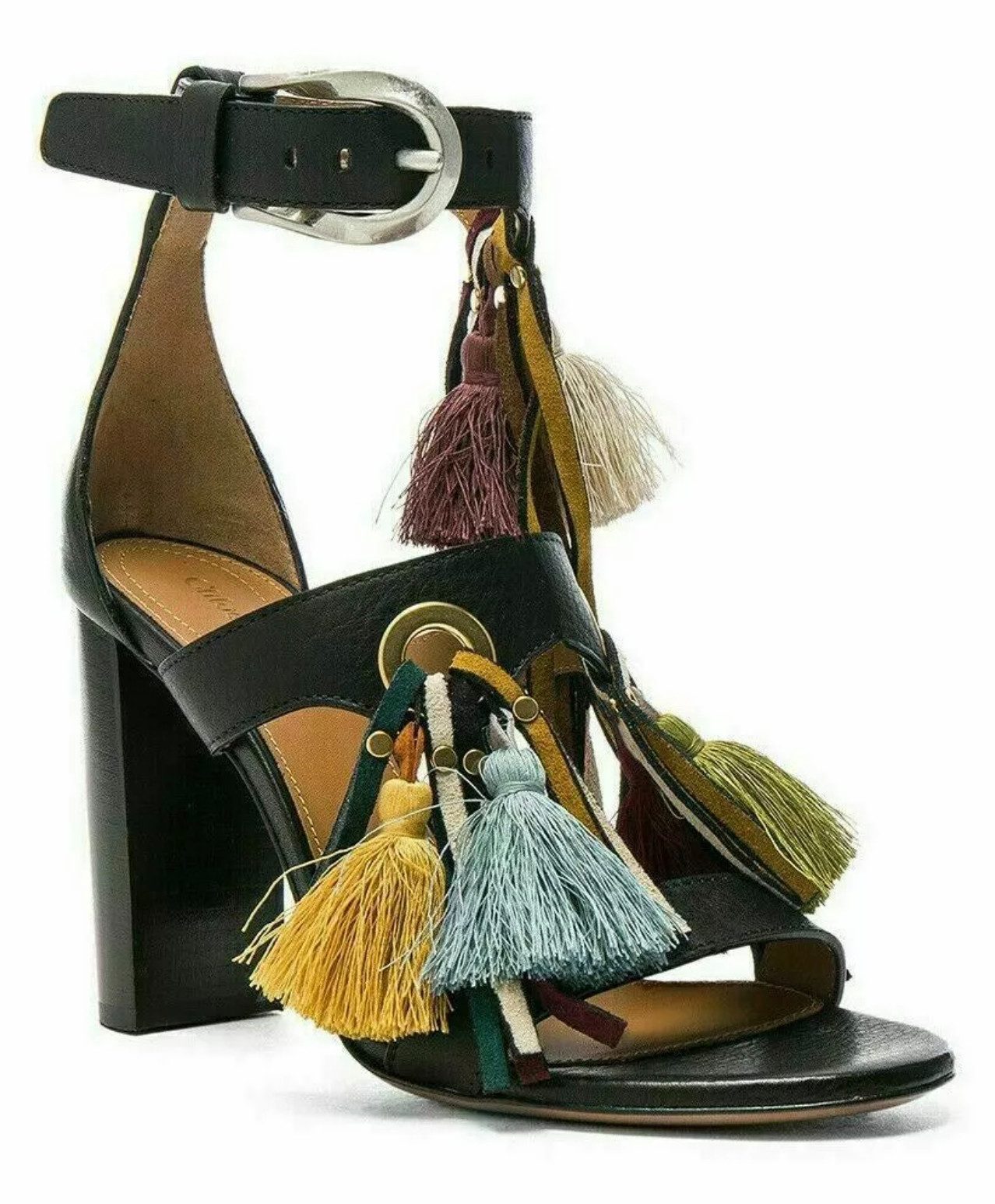 Chloé Miki High Heel Sandaletten Leder, Quasten, 90mm Blockabsatz High-Heel-Pumps strukturiertem Kalbsleder, mit dekorativen Fransen-Details