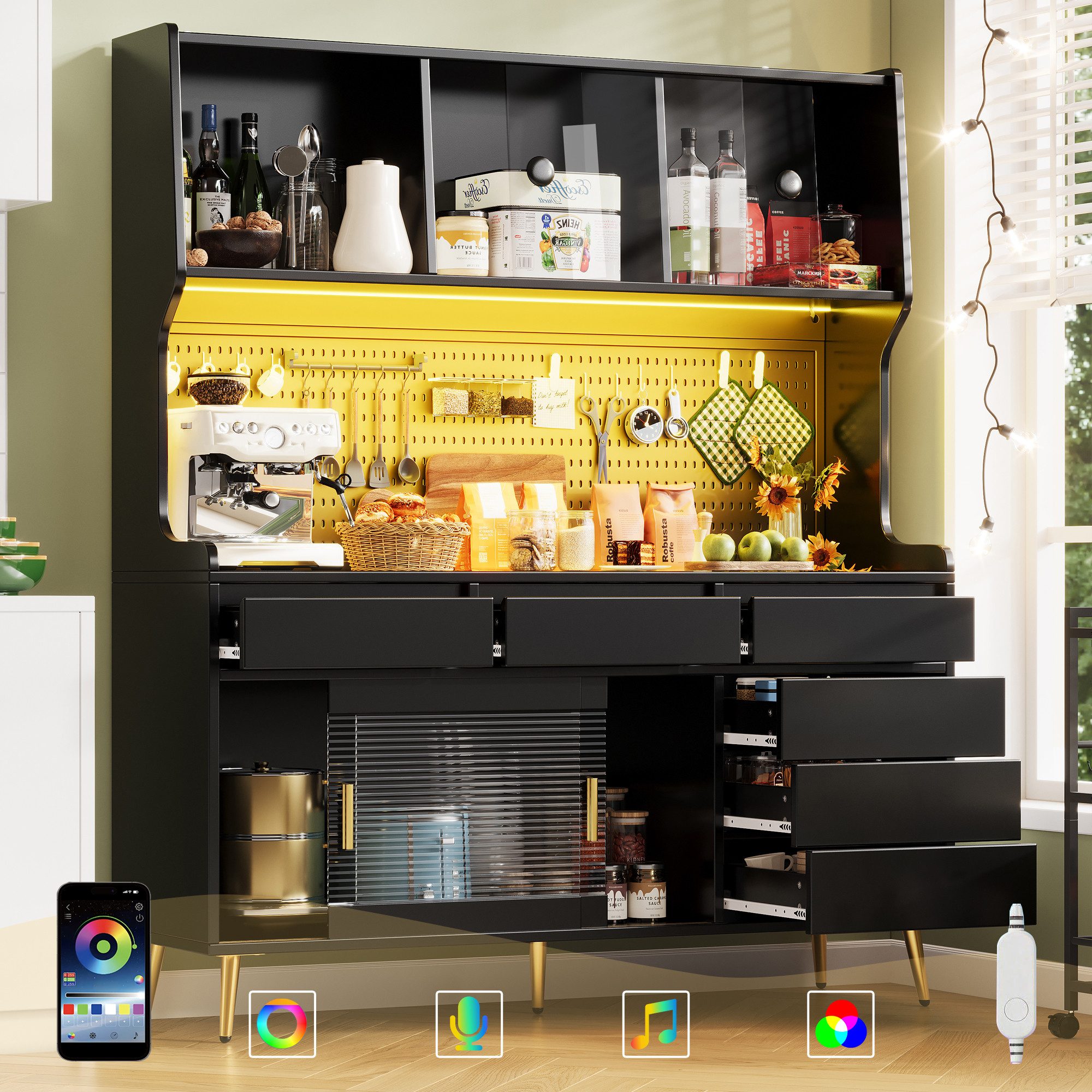 Flieks Küchenbuffet mit LED-Beleuchtung, Lochwand, Glasschiebetüren und 6 Schubladen (1-St., 145x39x171 cm) Hochschrank Küchenschrank Geschirrschrank mit Arbeitsplatte Schwarz