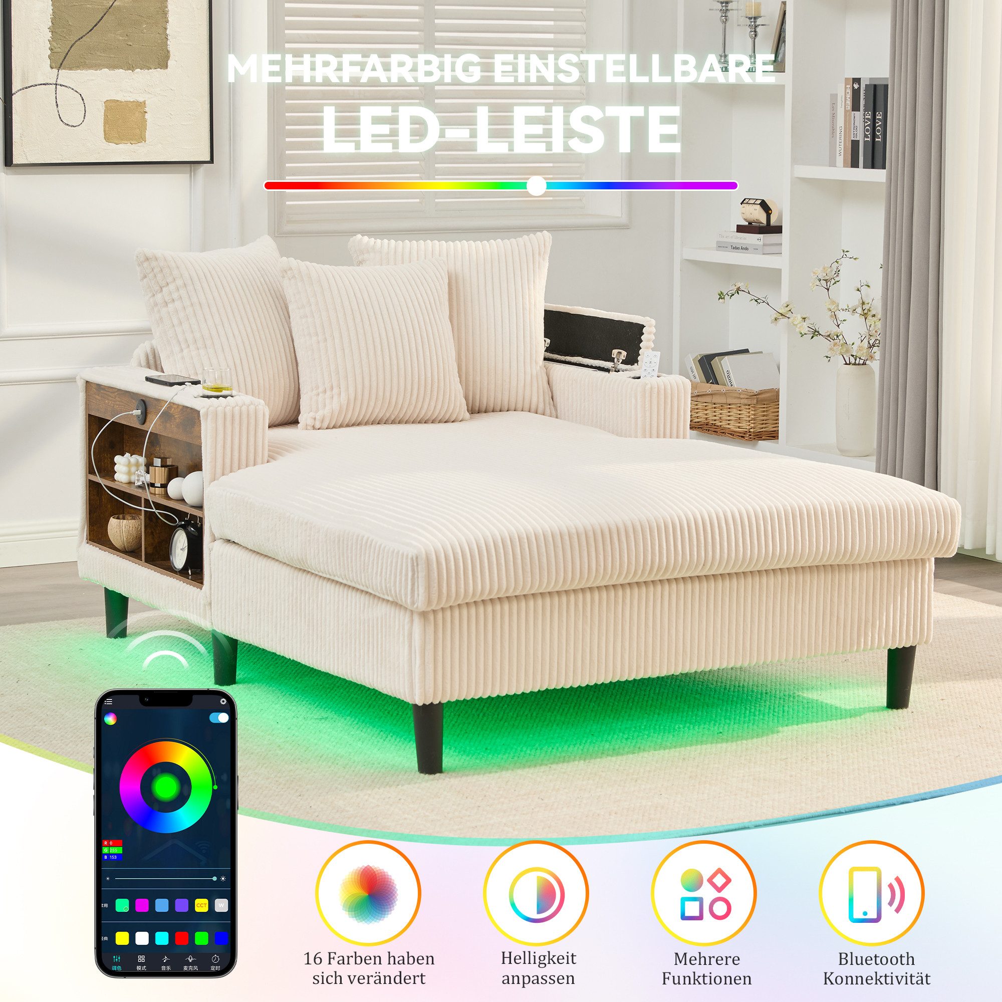 REDOM Sofa aus Cord mit Chaiselongue, Loungesofa, großzügiger Liegefläche, integrierten Getränkehaltern, LED-Licht und USB-Anschluss, mit Stauraum und Seitentasch, Schlafsofa