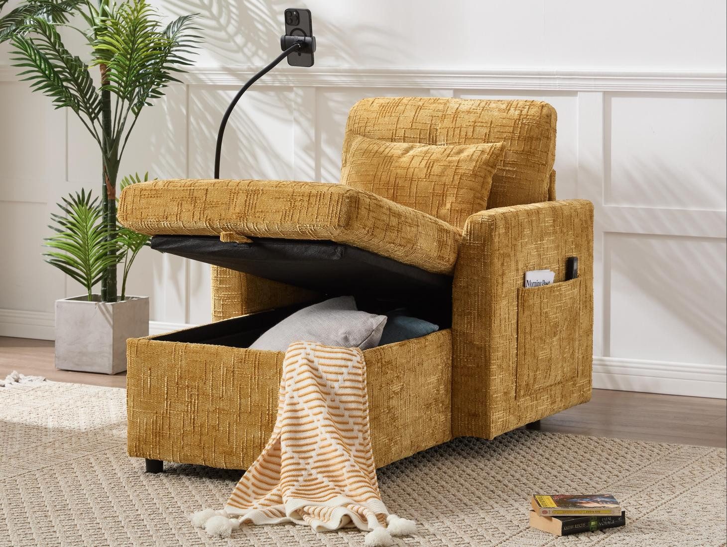 LVHOM Relaxsessel Chaiselongue, Ottomane, Polsterliege, Einzelsitz mit XXL-Stauraum (integriertem verstellbarem Smartphone-Halter, Sitzbox-Stauraum (122x55,5x23 cm), Bequeme Sitzgelegenheit mit seitlicher Ablagefläche, Rückenlehne, 1-Sitzer, 2 Nackenkissen), kleinen Räumen, Mietwohnungen, Wohn-/Schlaf-/Arbeitszimmer,Büro,Balkon