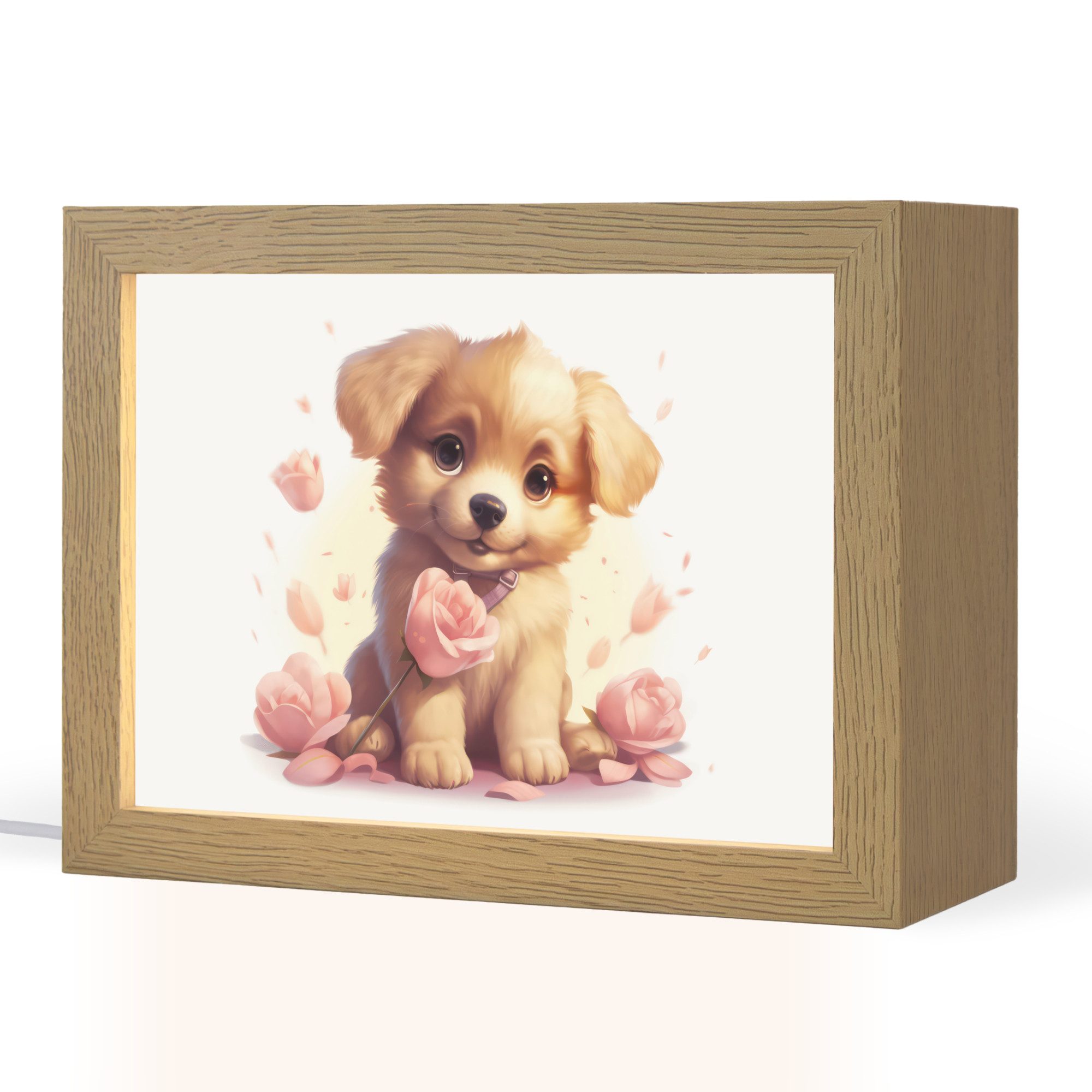 OnlyWow Nachttischlampe Lightbox Hund - Blumen - Rosa - Mädchen - Kind, Dimmbar, Farbwechsel, LED, Warmweiß, Kaltweiß, Neutralweiß Einstellbar, Nachtlicht, Kinder- und Babyzimmer, Dimmbar, mit Kabel, Tischleuchte