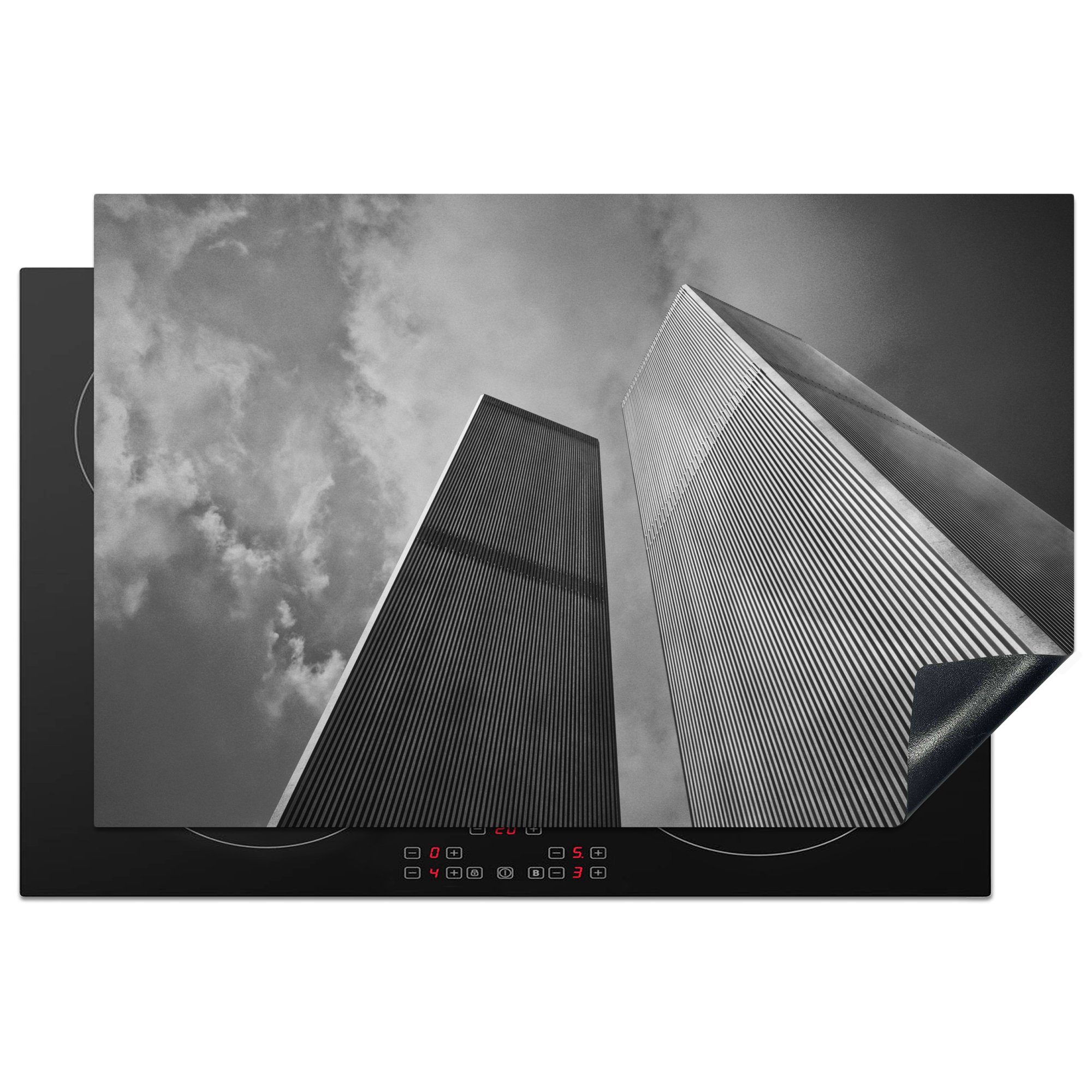 MuchoWow Herdblende-/Abdeckplatte World Trade Center - Turm - Schwarz - Weiß, Vinyl, (1 tlg), 81x52 cm, Induktionskochfeld Schutz für die küche, Ceranfeldabdeckung