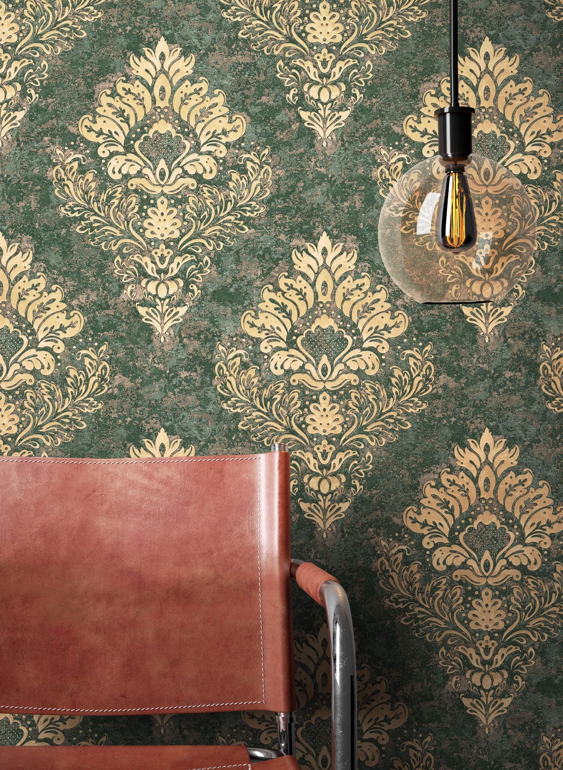 Newroom Vliestapete, Grün Tapete Barock Ornament - Barocktapete Beige Gold günstig online kaufen