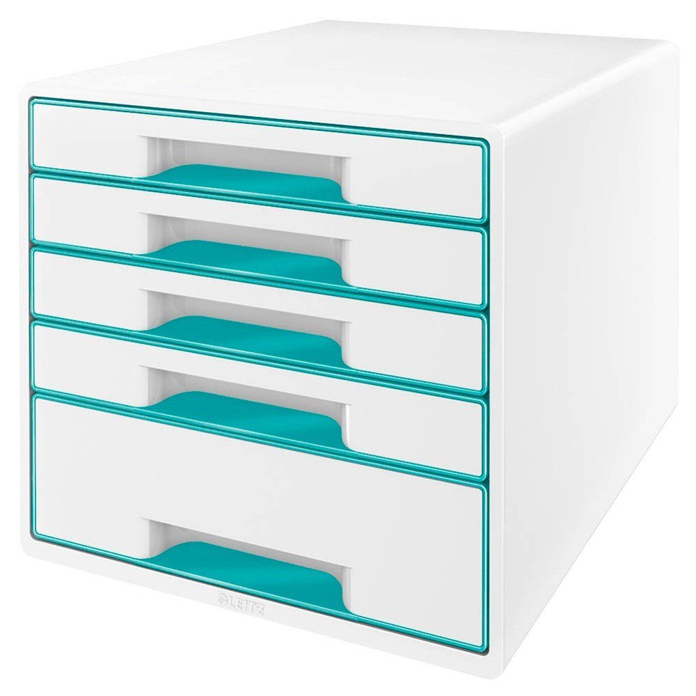 LEITZ Schubladenbox 1 Schubladenbox WOW CUBE mit 5 Schubladen - weiß/eisblau, Auszugssperre; Stapelbar; Schübe einzeln herausnehmbar eisblau metallic | Schubladenboxen