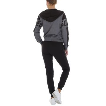 Ital-Design Jogginganzug Damen Freizeit, Kapuze Textprint Stretch Jogging- & Freizeitanzug in Grau