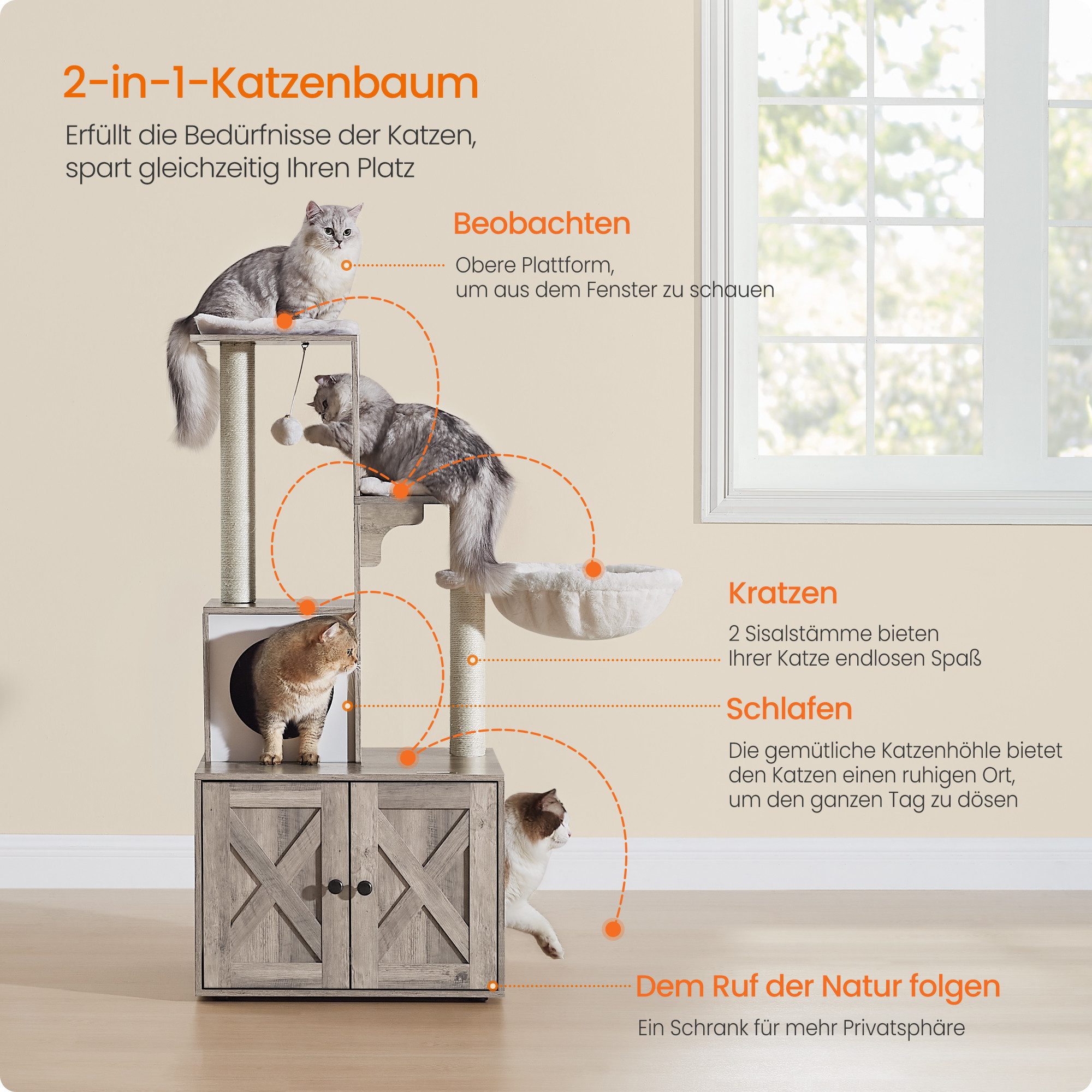 FEANDREA Kratzbaum, 2-in-1 mit Katzenklo, Sisalstämme, Hängematte