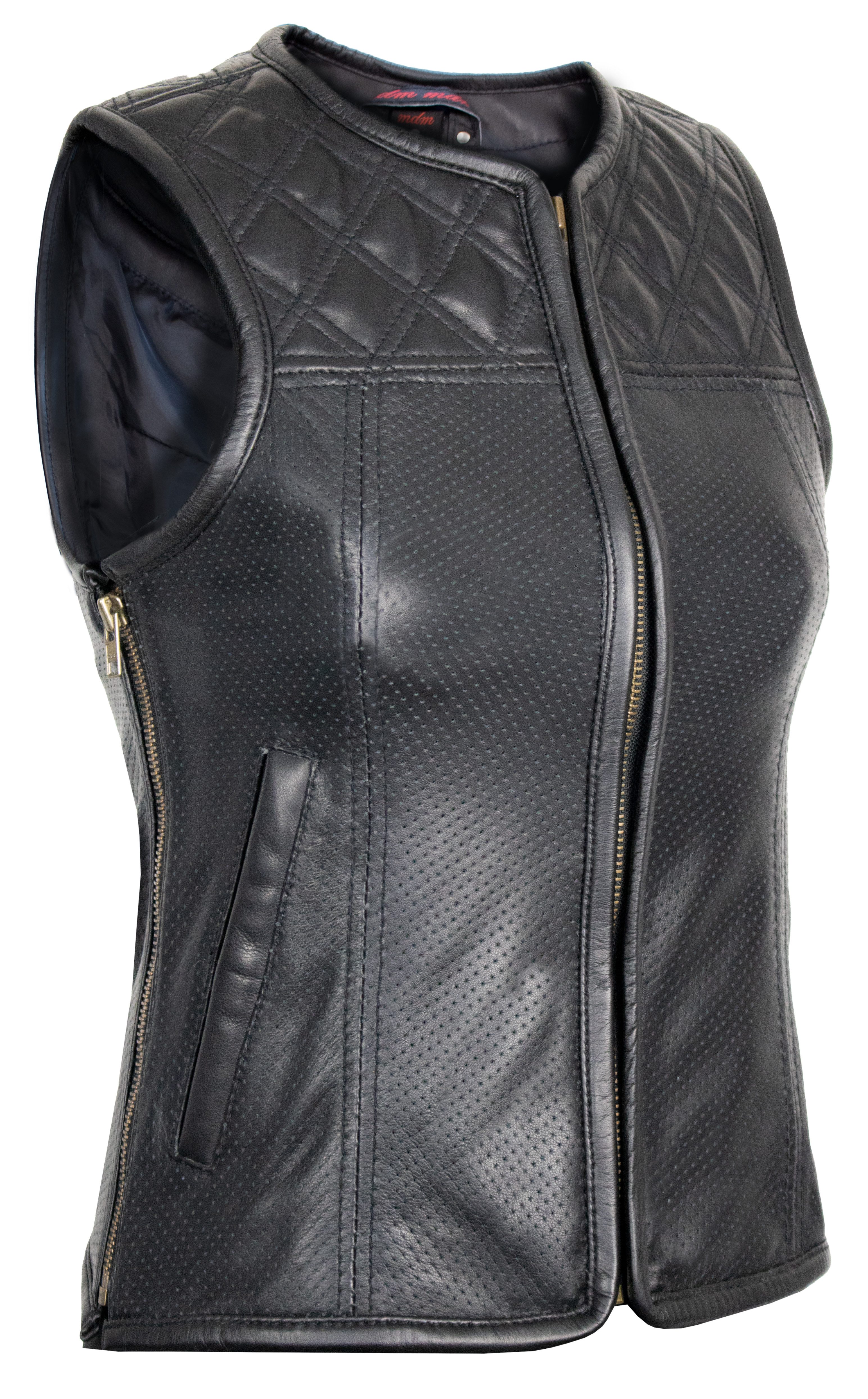 MDM Lederweste Damen Biker Lederweste Clubstyle perforiert schwarz Perforiertes Rindsleder mit Clubstyle-Steppung