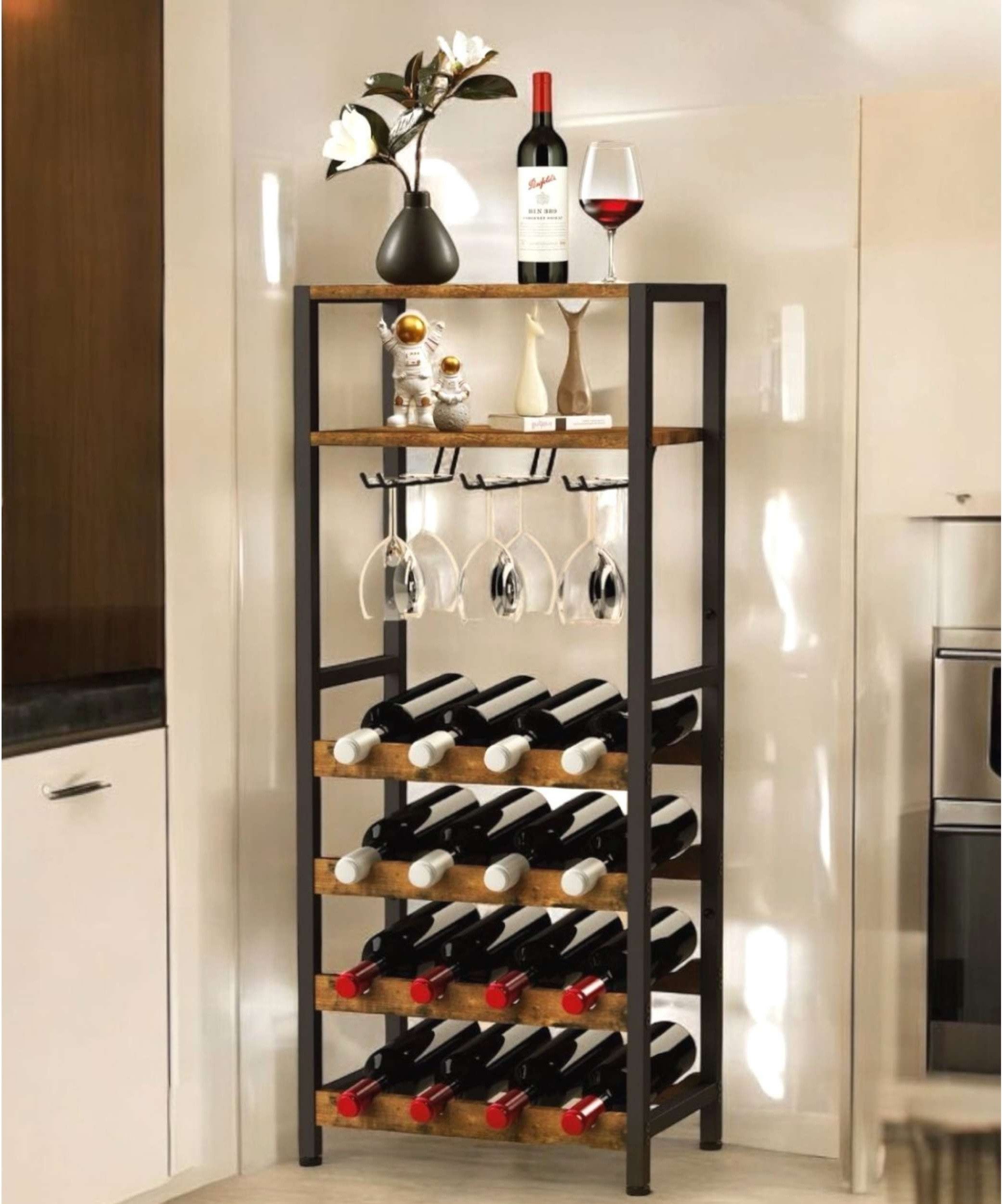 Weinregal Metall Schwarz Stehend mit Glashalter 100 cm 96575 Flaschenregal